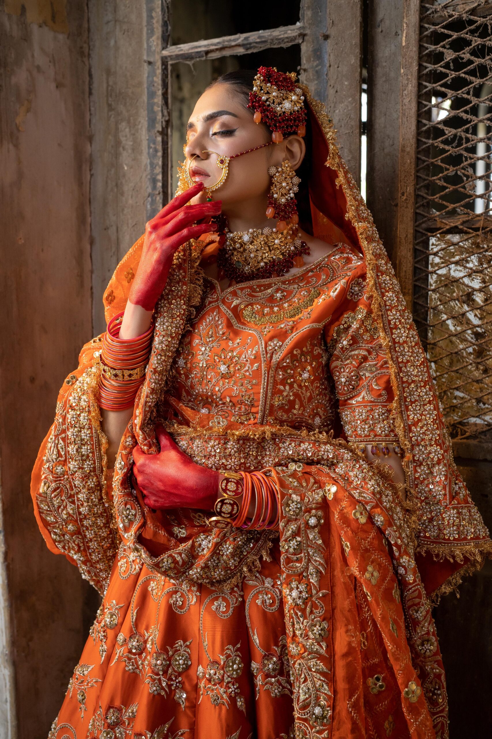 Pakistani Burnt Orange Embroidered Satin Silk Bridal Lehenga (3-Piece) - Image 2