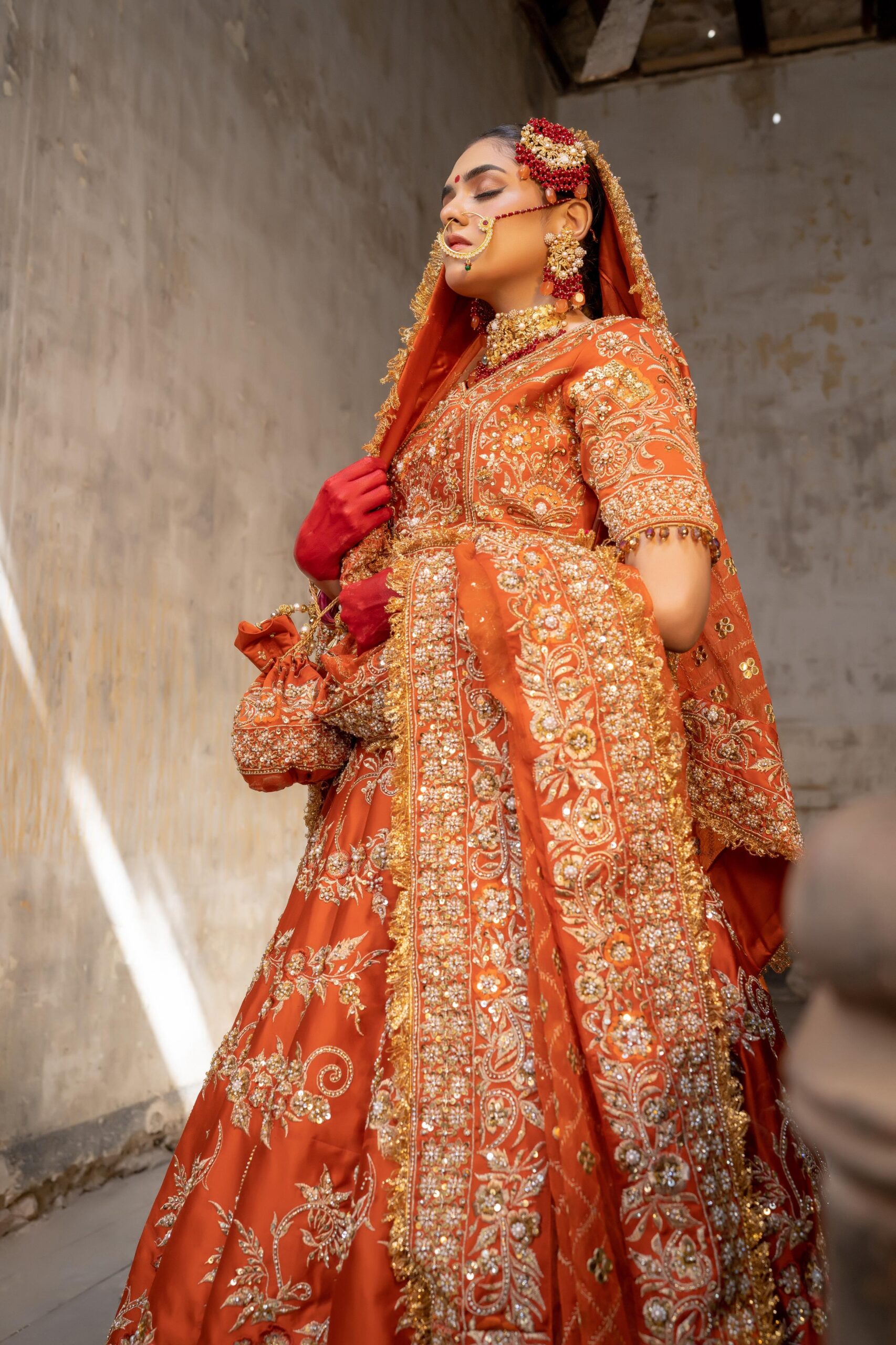 Pakistani Burnt Orange Embroidered Satin Silk Bridal Lehenga (3-Piece) - Image 3