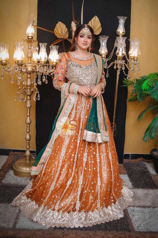 Pakistani Rust and Green Embellished Silk-Blend Bridal Lehenga (3-Piece) - Image 2