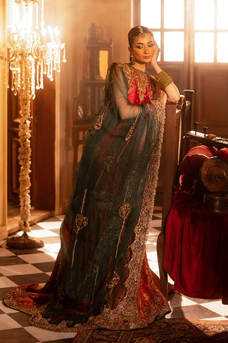 Pakistani Deep Tangerine Zardozi Silk Blend Lehenga (3-Piece) - Image 2