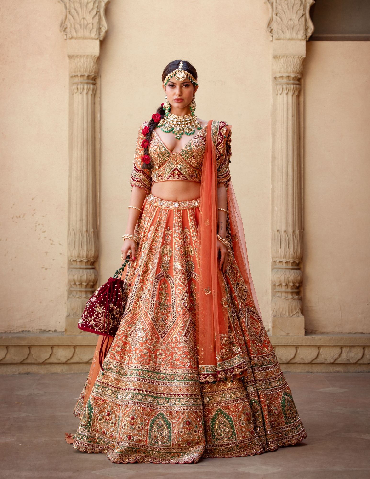 Indian Burnt Orange Embellished Silk Bridal Lehenga (3-Piece) - Image 1