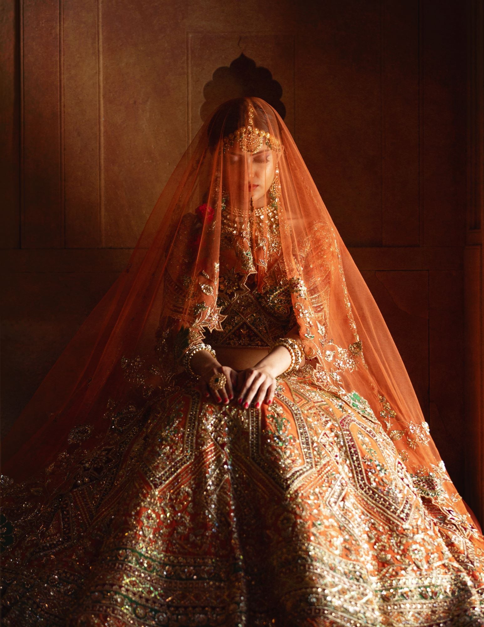 Indian Burnt Orange Embellished Silk Bridal Lehenga (3-Piece) - Image 2