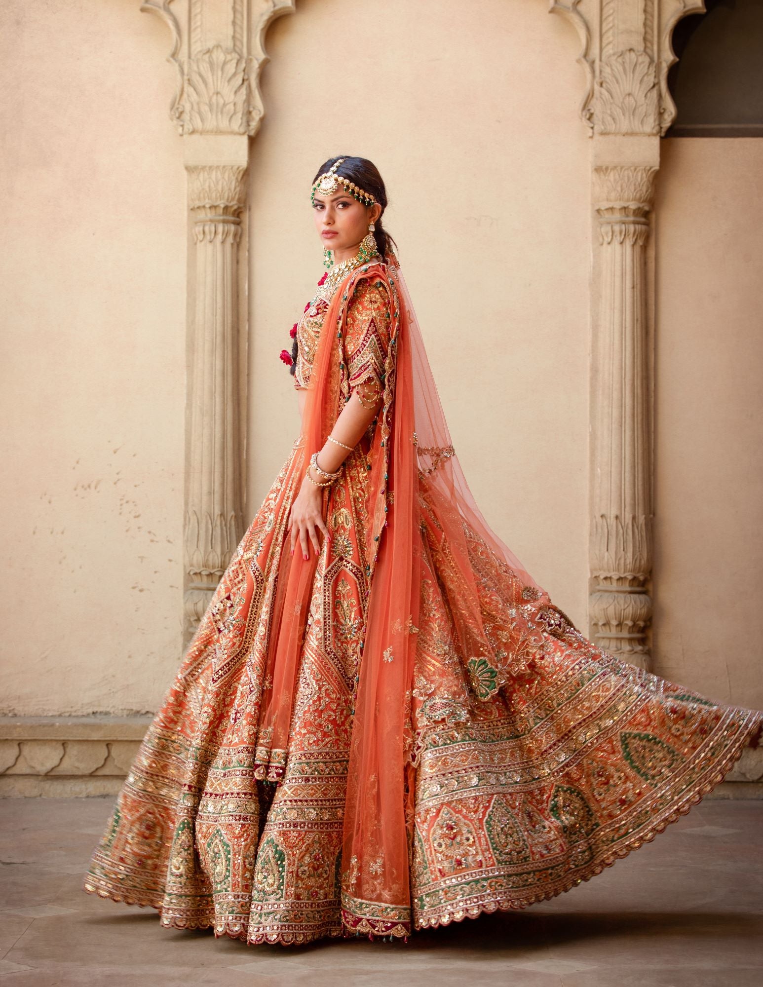 Indian Burnt Orange Embellished Silk Bridal Lehenga (3-Piece) - Image 3