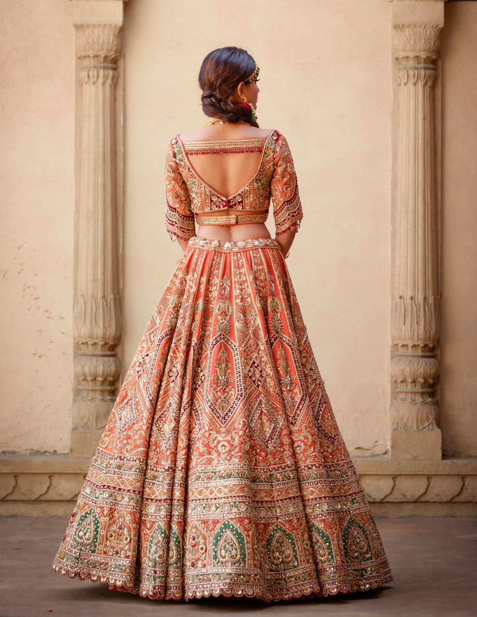 Indian Burnt Orange Embellished Silk Bridal Lehenga (3-Piece) - Image 4