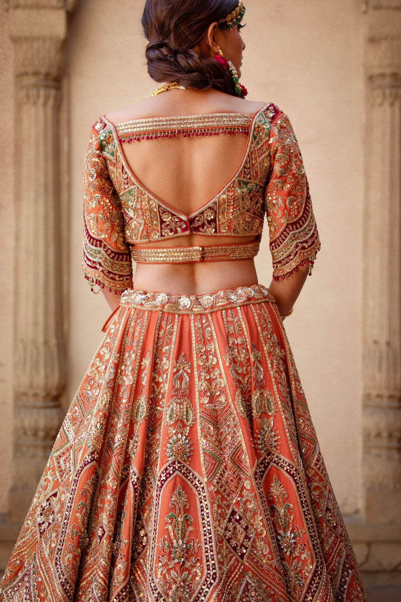 Indian Burnt Orange Embellished Silk Bridal Lehenga (3-Piece) - Image 5