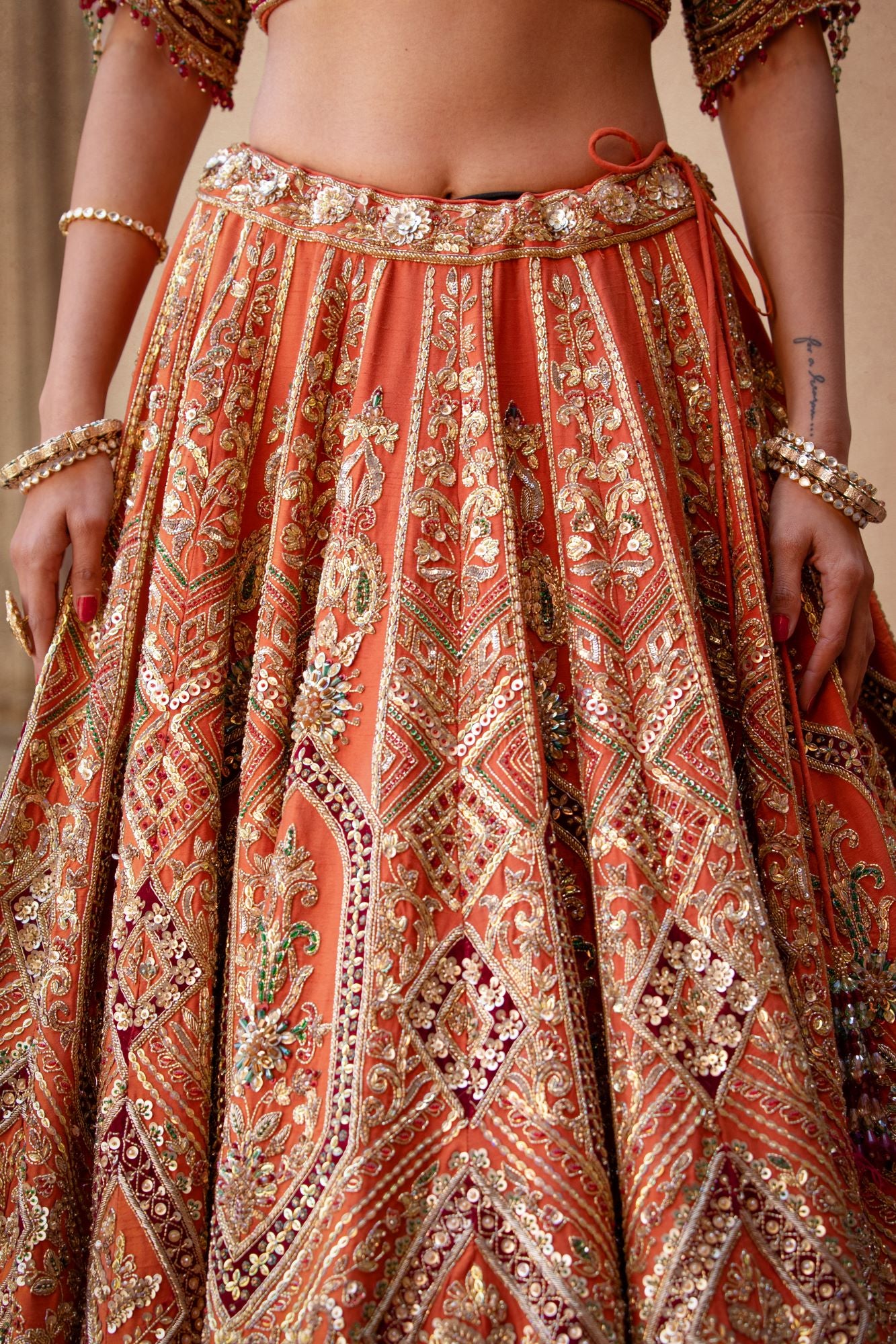 Indian Burnt Orange Embellished Silk Bridal Lehenga (3-Piece) - Image 6