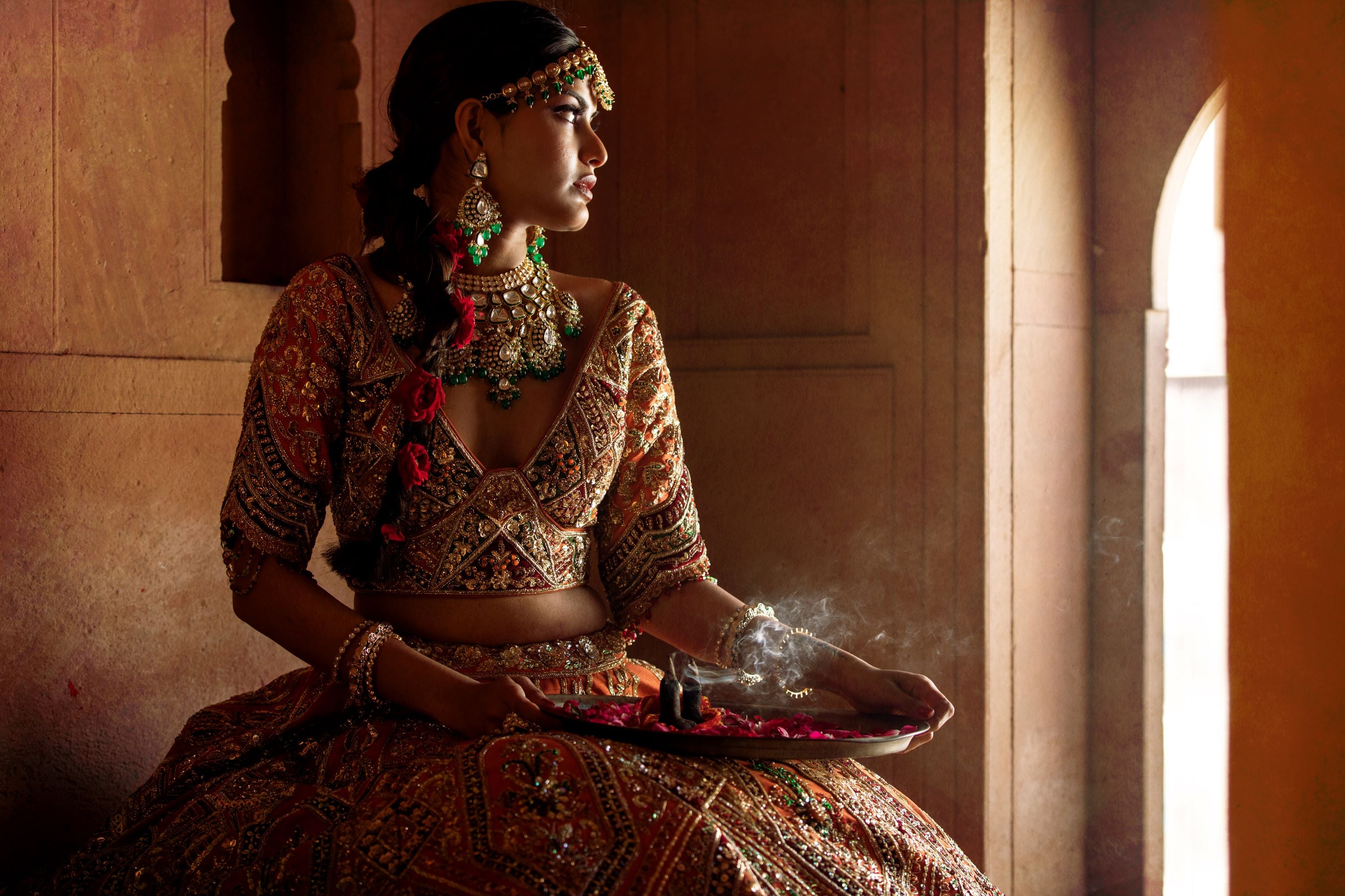 Indian Burnt Orange Embellished Silk Bridal Lehenga (3-Piece) - Image 7