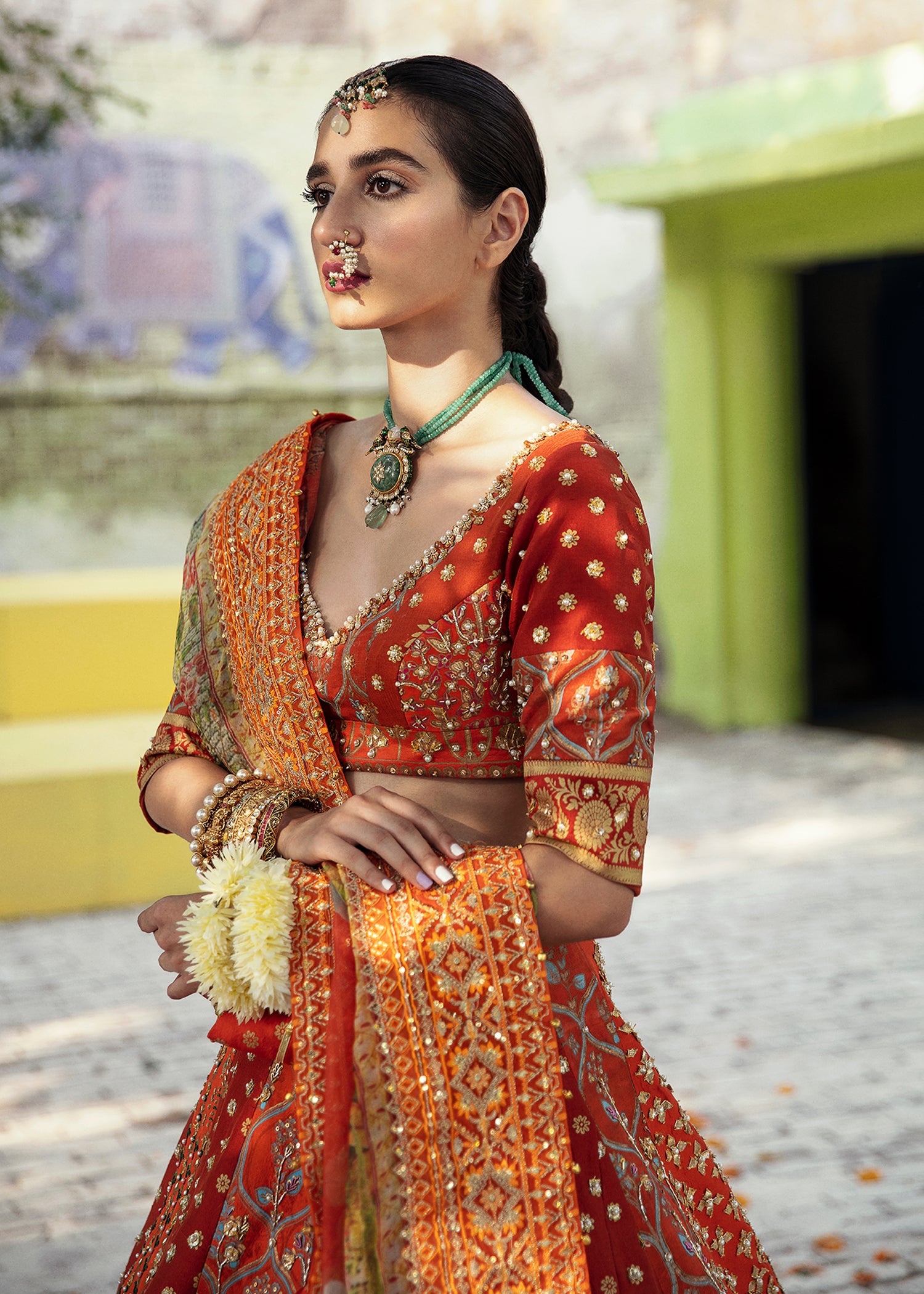 Tangerine Rust Embellished Silk Lehenga (3-Piece) - Image 5