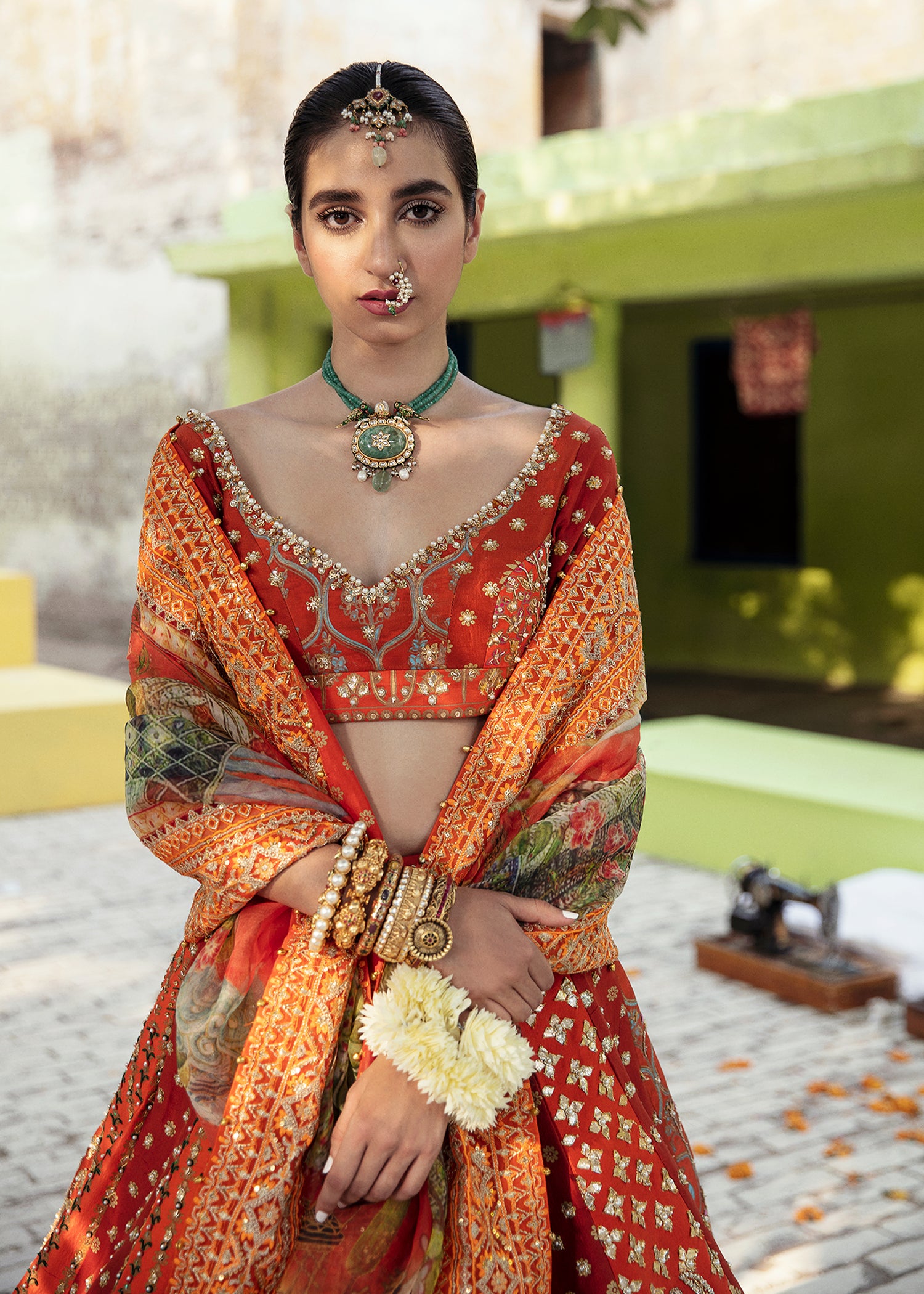 Tangerine Embellished Silk Lehenga (3-Piece) - Image 3