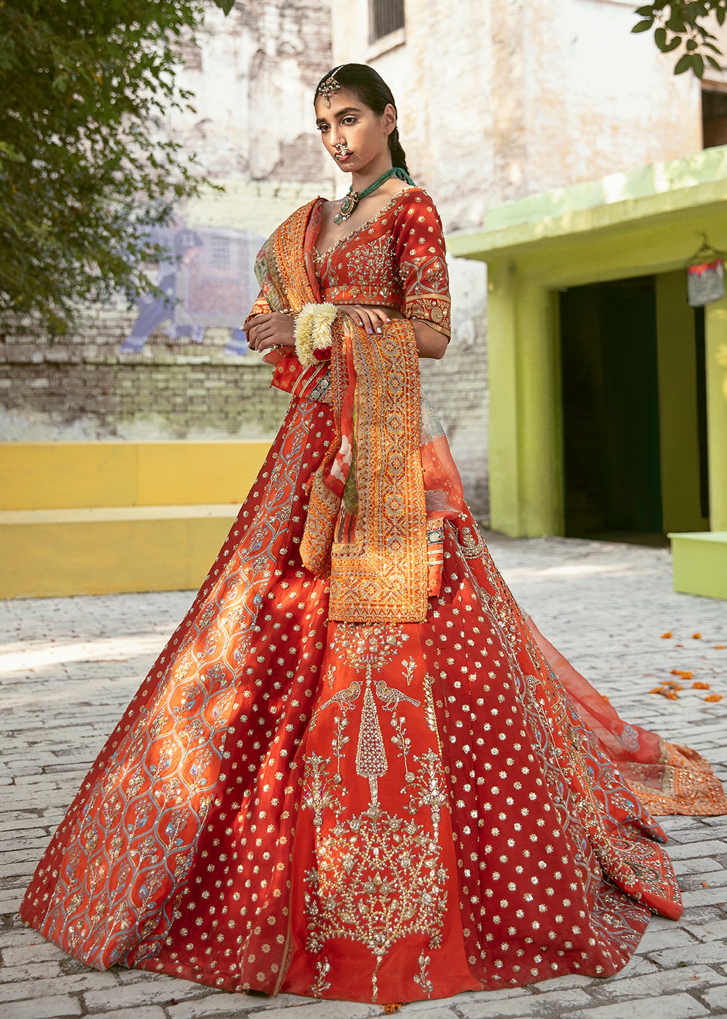 Tangerine Embellished Silk Lehenga (3-Piece) - Image 4