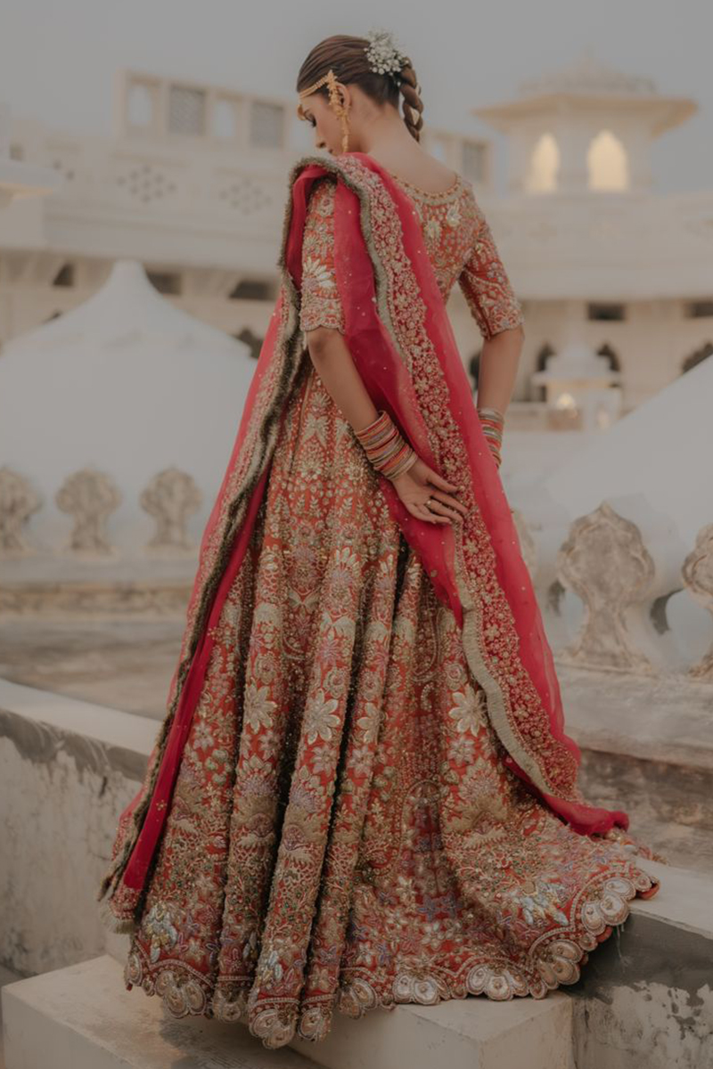 Pakistani Rusty Orange Embroidered Silk Lehenga Choli (3-Piece) - Image 10