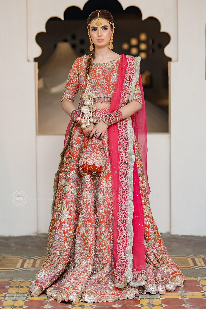 Pakistani Rusty Orange Embroidered Silk Lehenga Choli (3-Piece) - Image 2
