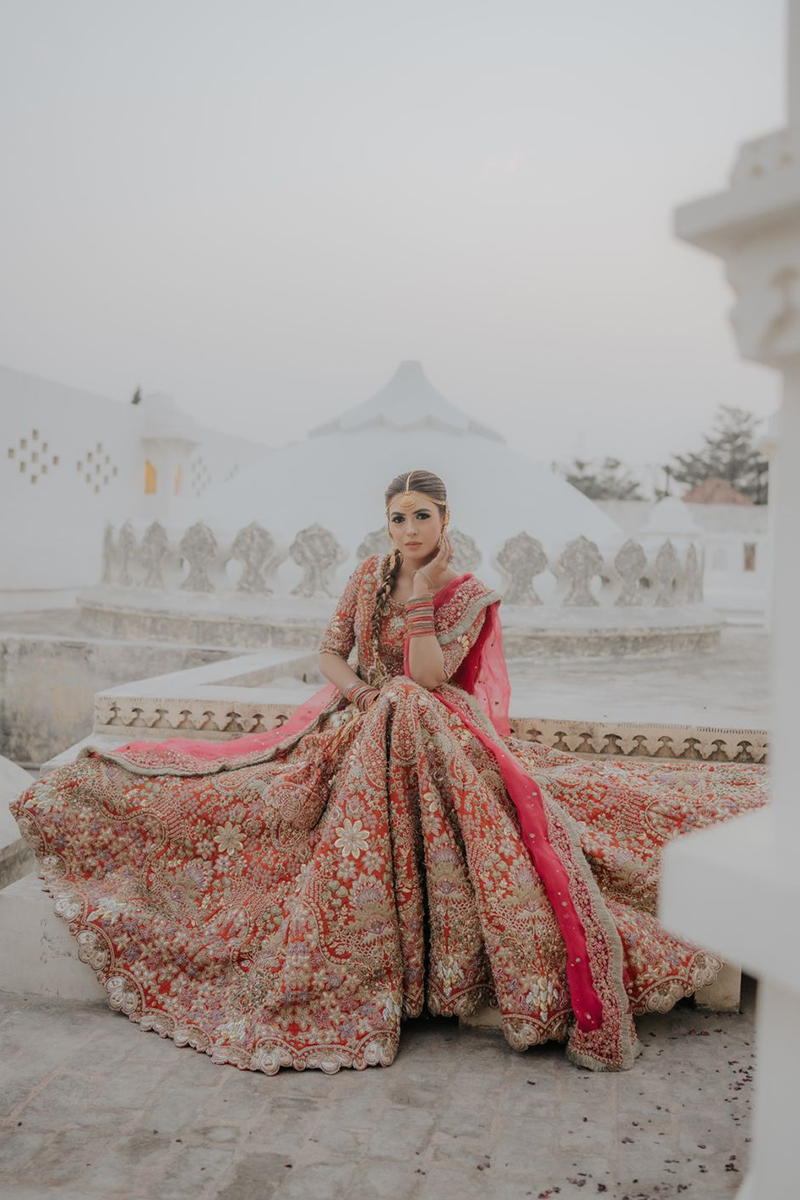 Pakistani Rusty Orange Embroidered Silk Lehenga Choli (3-Piece) - Image 4