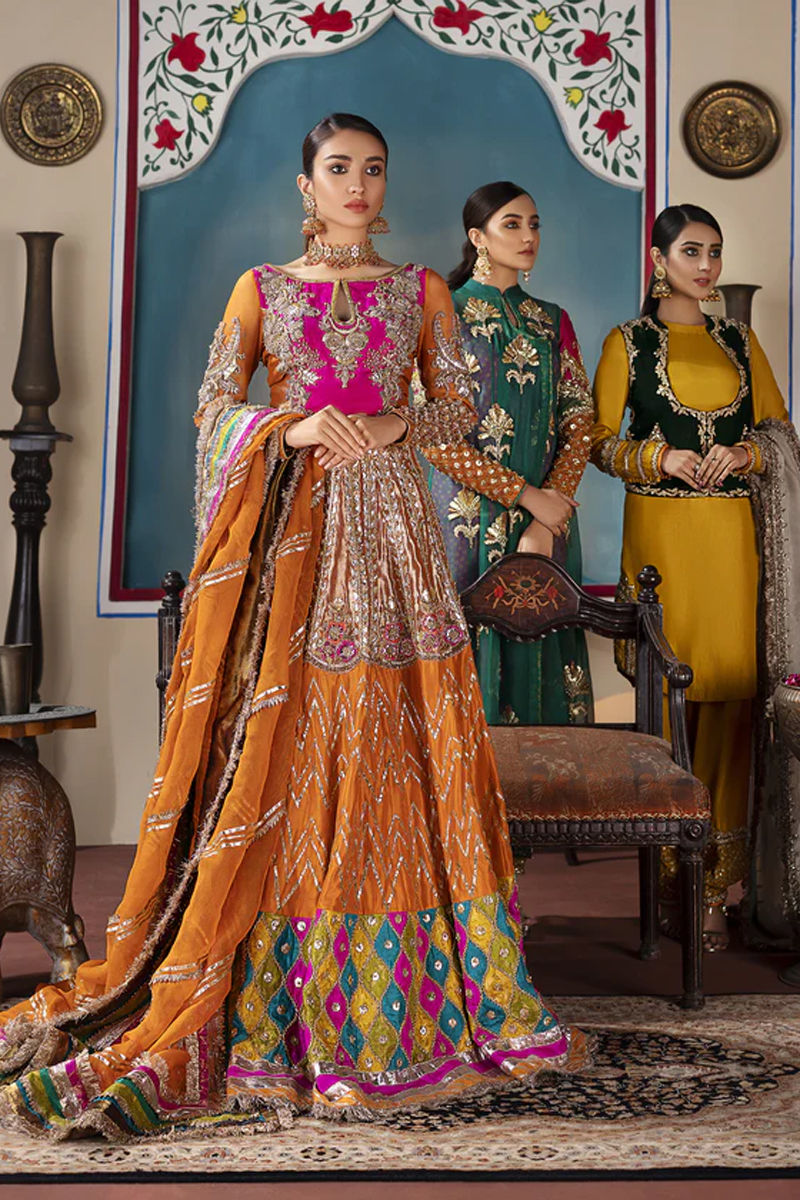 Pakistani Buff Orange Embellished Organza Lehenga Choli (3-Piece) - Image 1