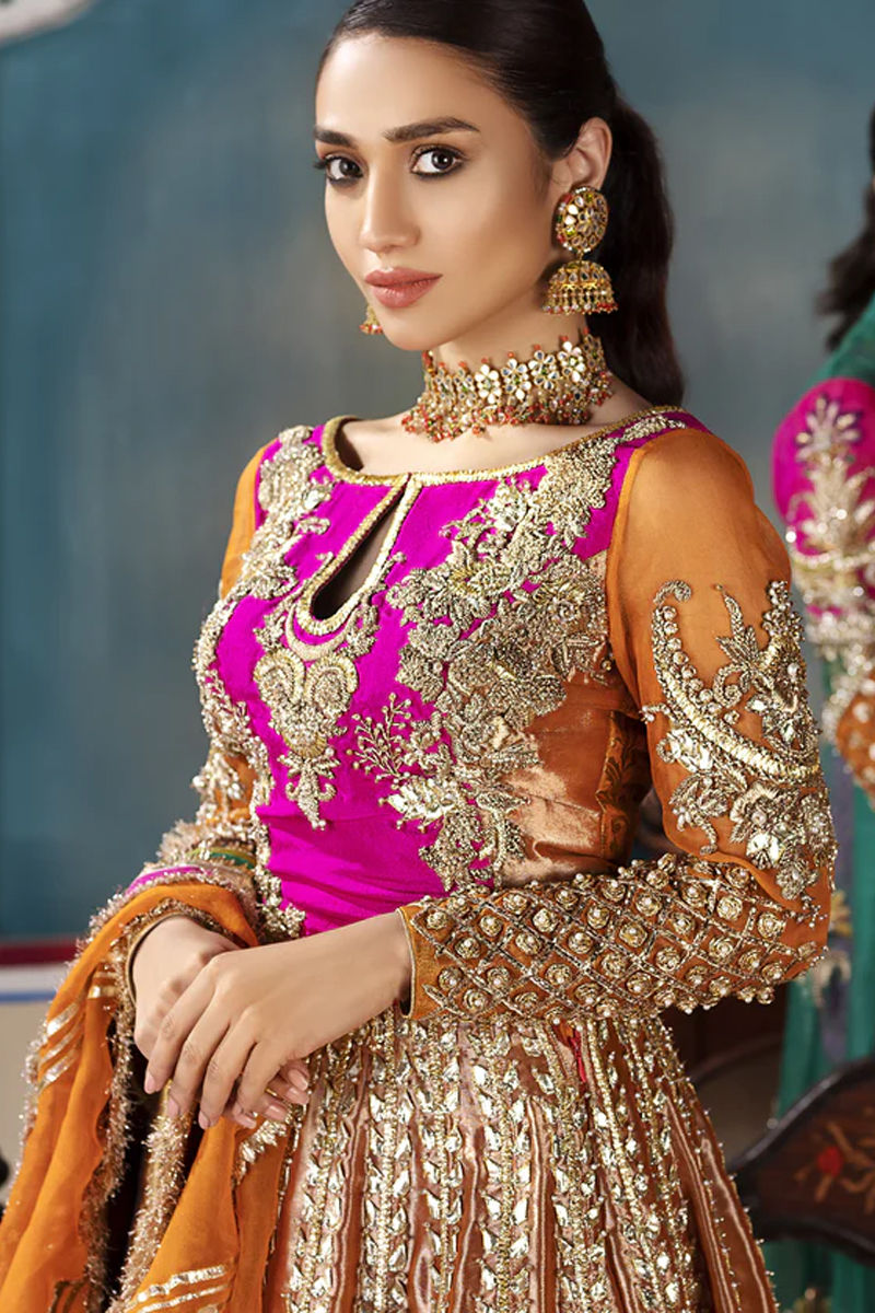 Pakistani Buff Orange Embellished Organza Lehenga Choli (3-Piece) - Image 3
