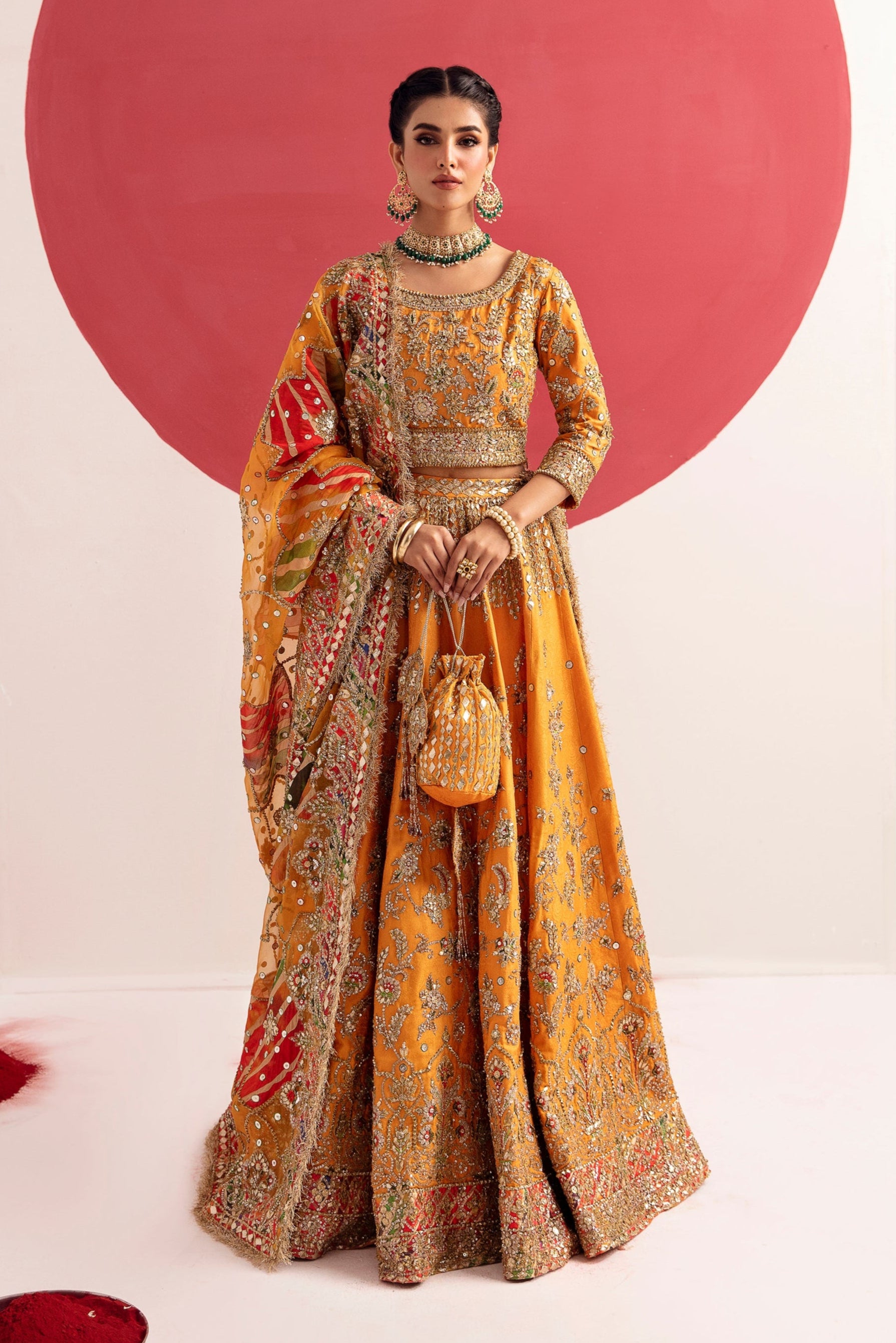 Pakistani Tangerine Embroidered Silk Jamawar Lehenga (3-Piece) - Image 1