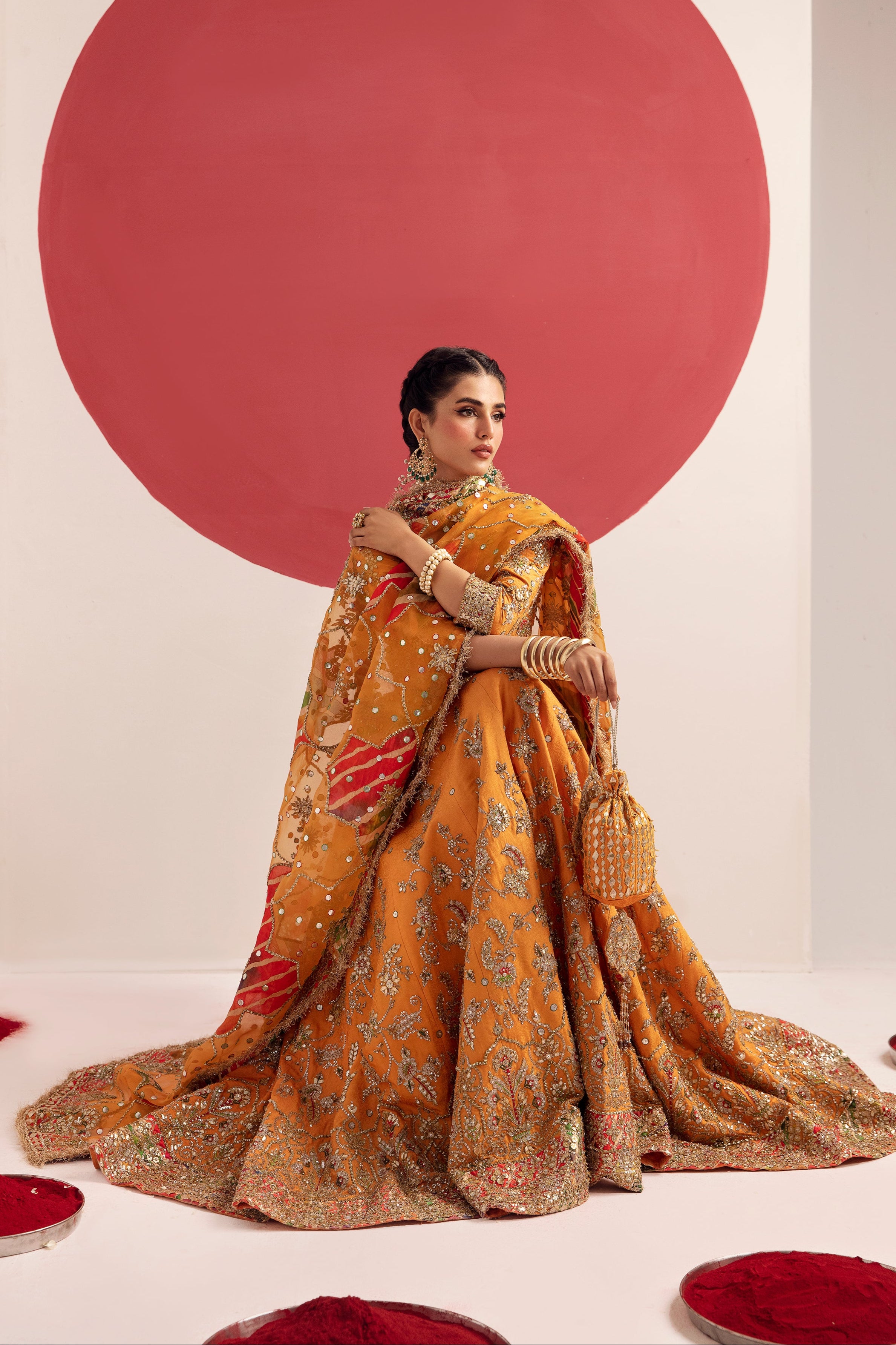 Pakistani Tangerine Embroidered Silk Jamawar Lehenga (3-Piece) - Image 2