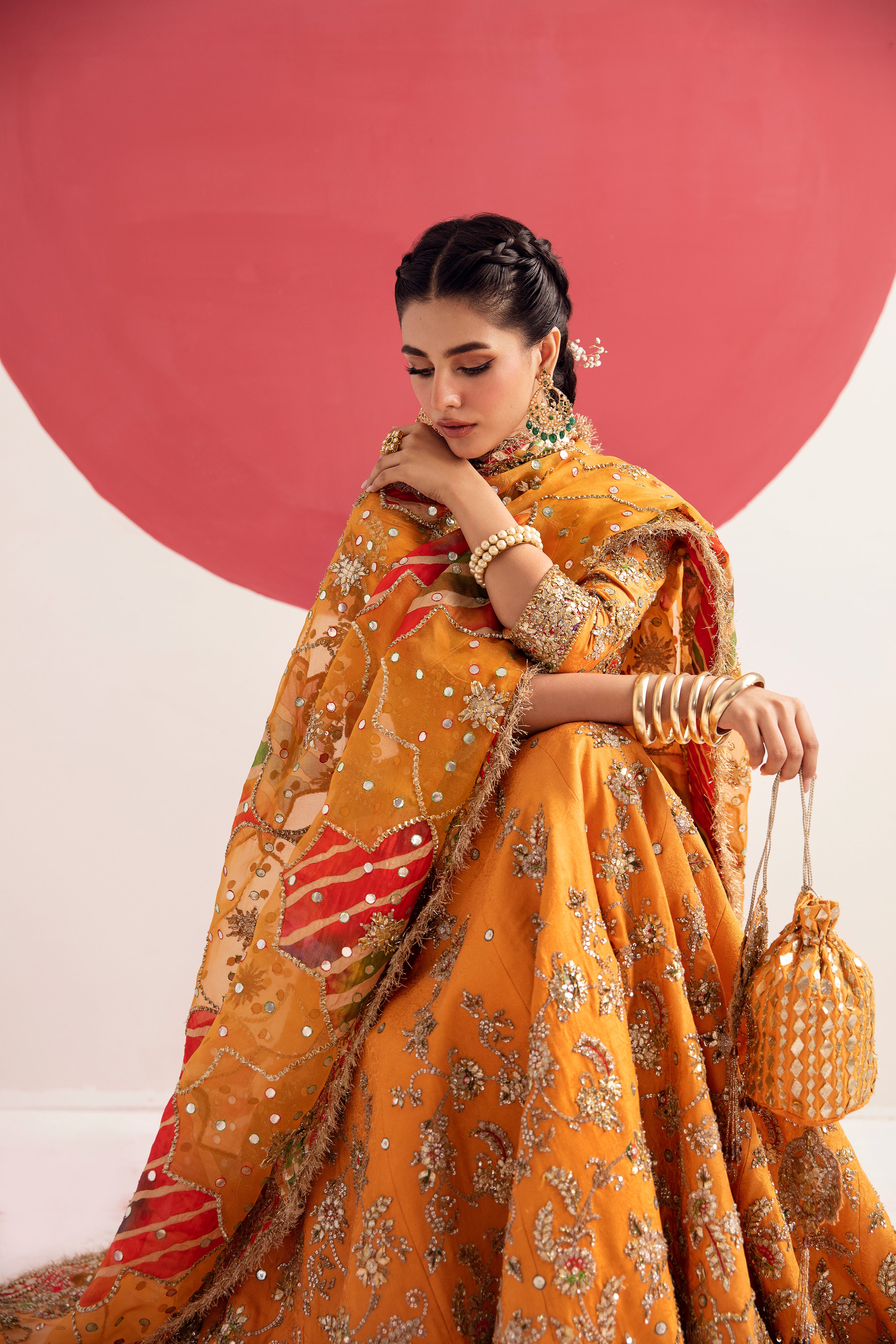 Pakistani Tangerine Embroidered Silk Jamawar Lehenga (3-Piece) - Image 3