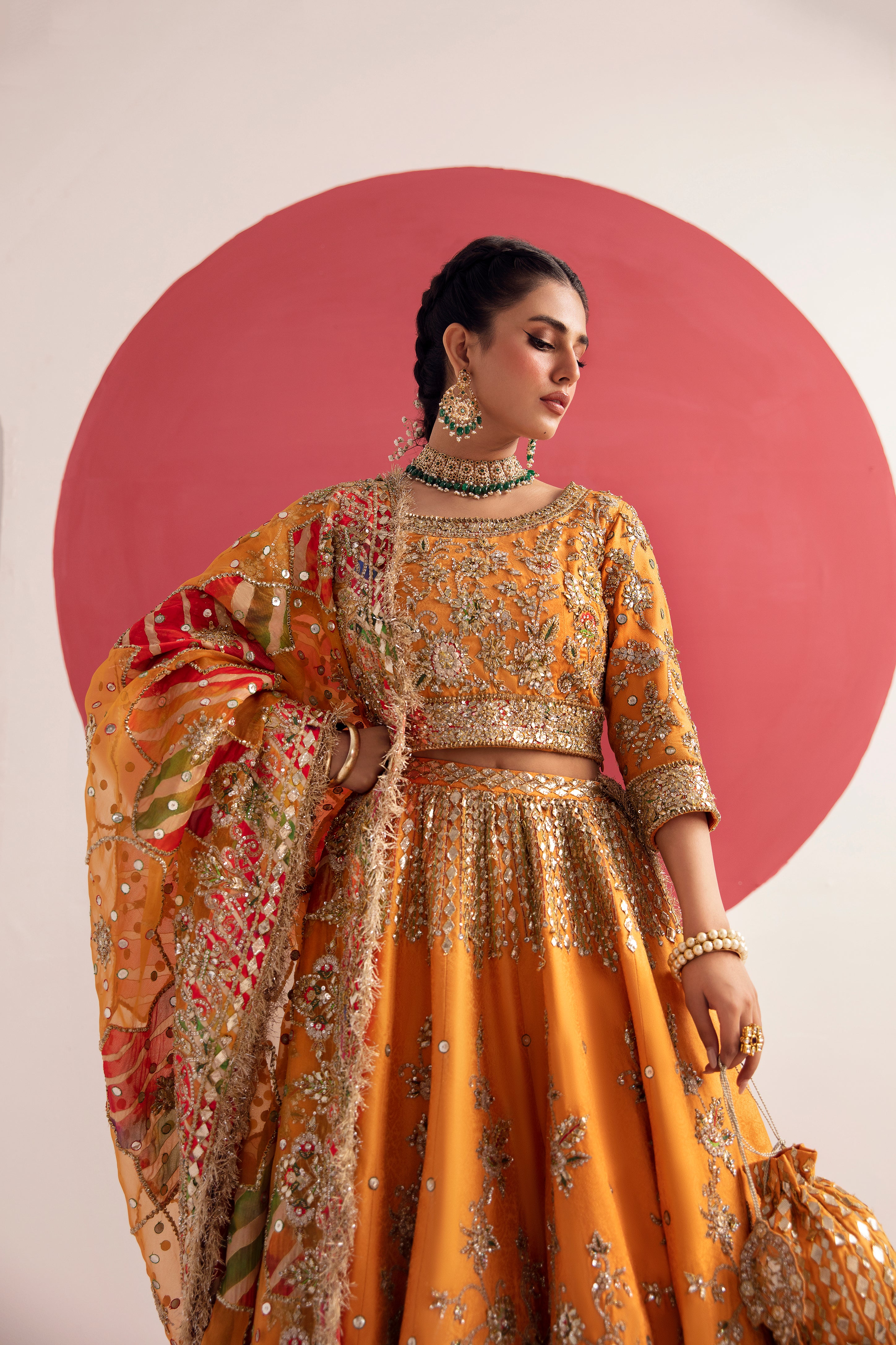 Pakistani Tangerine Embroidered Silk Jamawar Lehenga (3-Piece) - Image 4