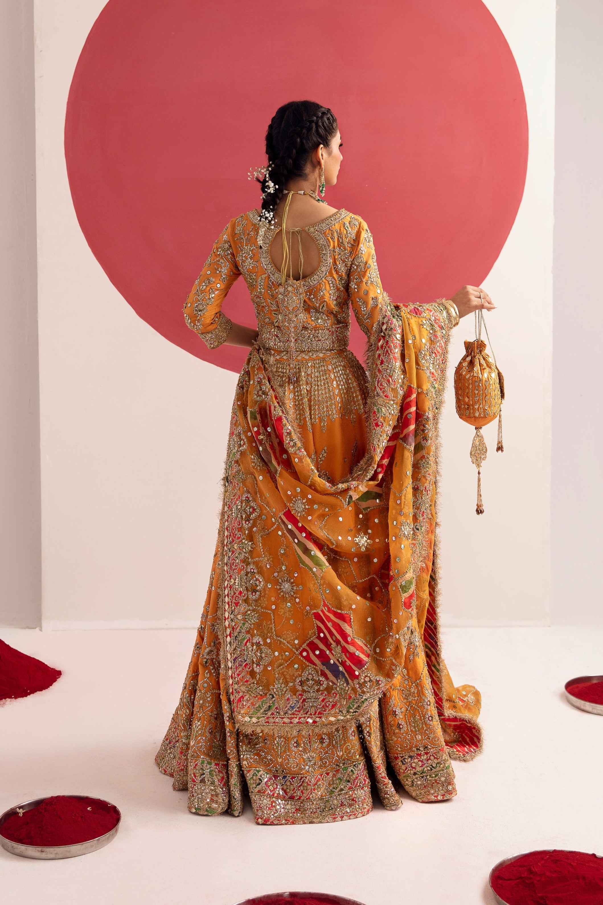 Pakistani Tangerine Embroidered Silk Jamawar Lehenga (3-Piece) - Image 5
