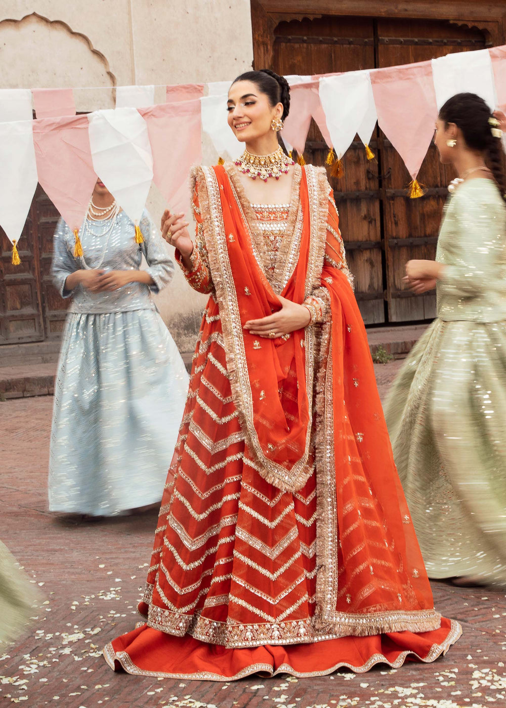 Pakistani Rust Orange Embellished Silk Bridal Lehenga (3-Piece) - Image 1