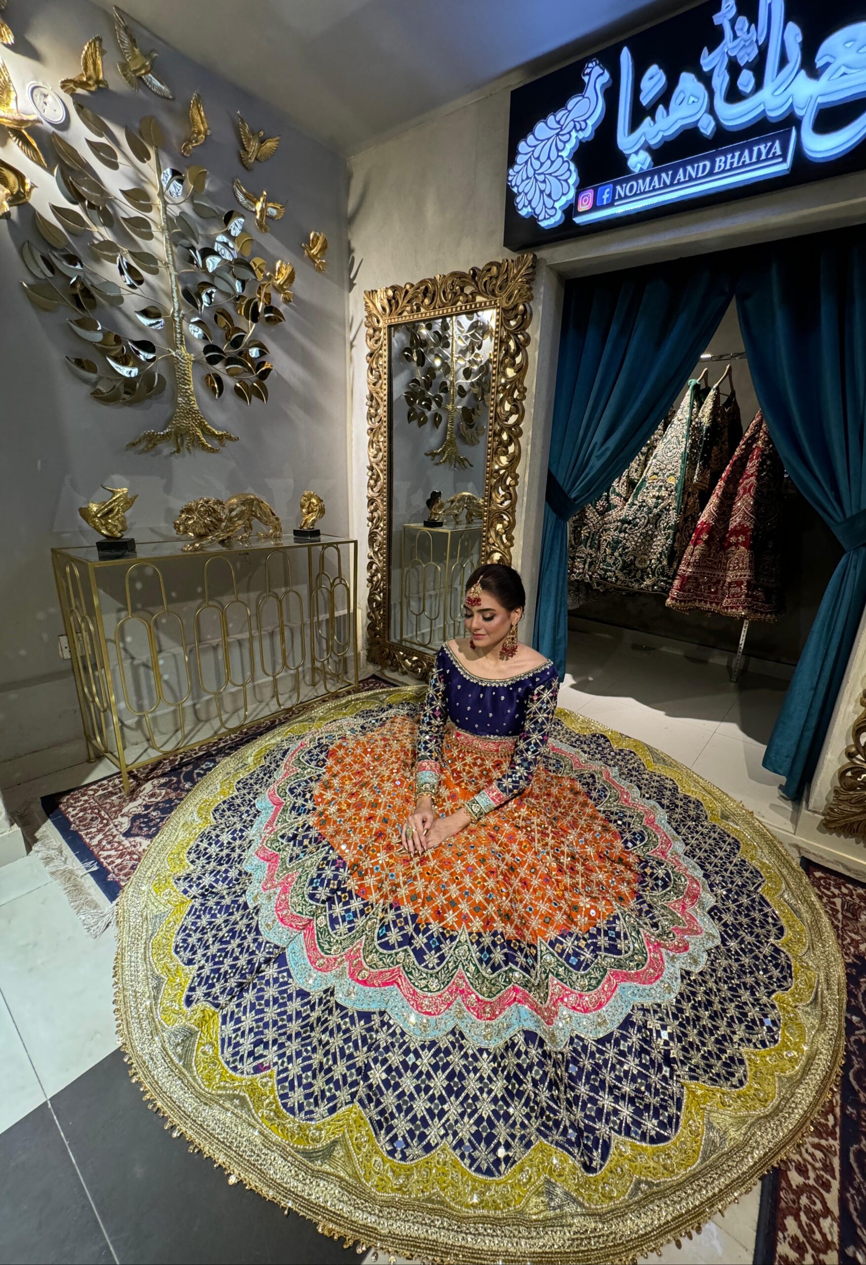 Pakistani Multicolour Mirrorwork Silk Lehenga Set (3-Piece) - Image 1