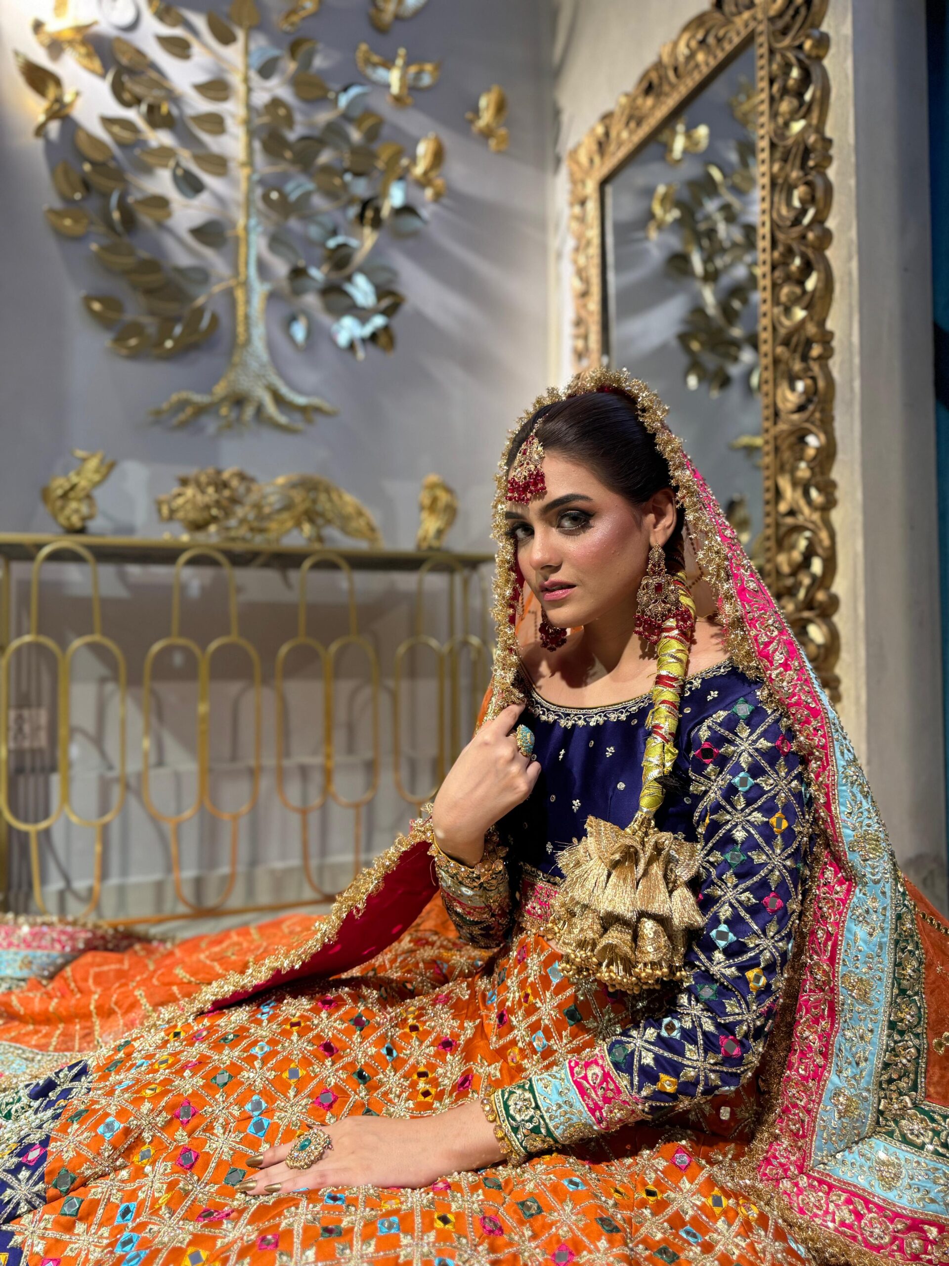 Pakistani Multicolour Mirrorwork Silk Lehenga Set (3-Piece) - Image 2