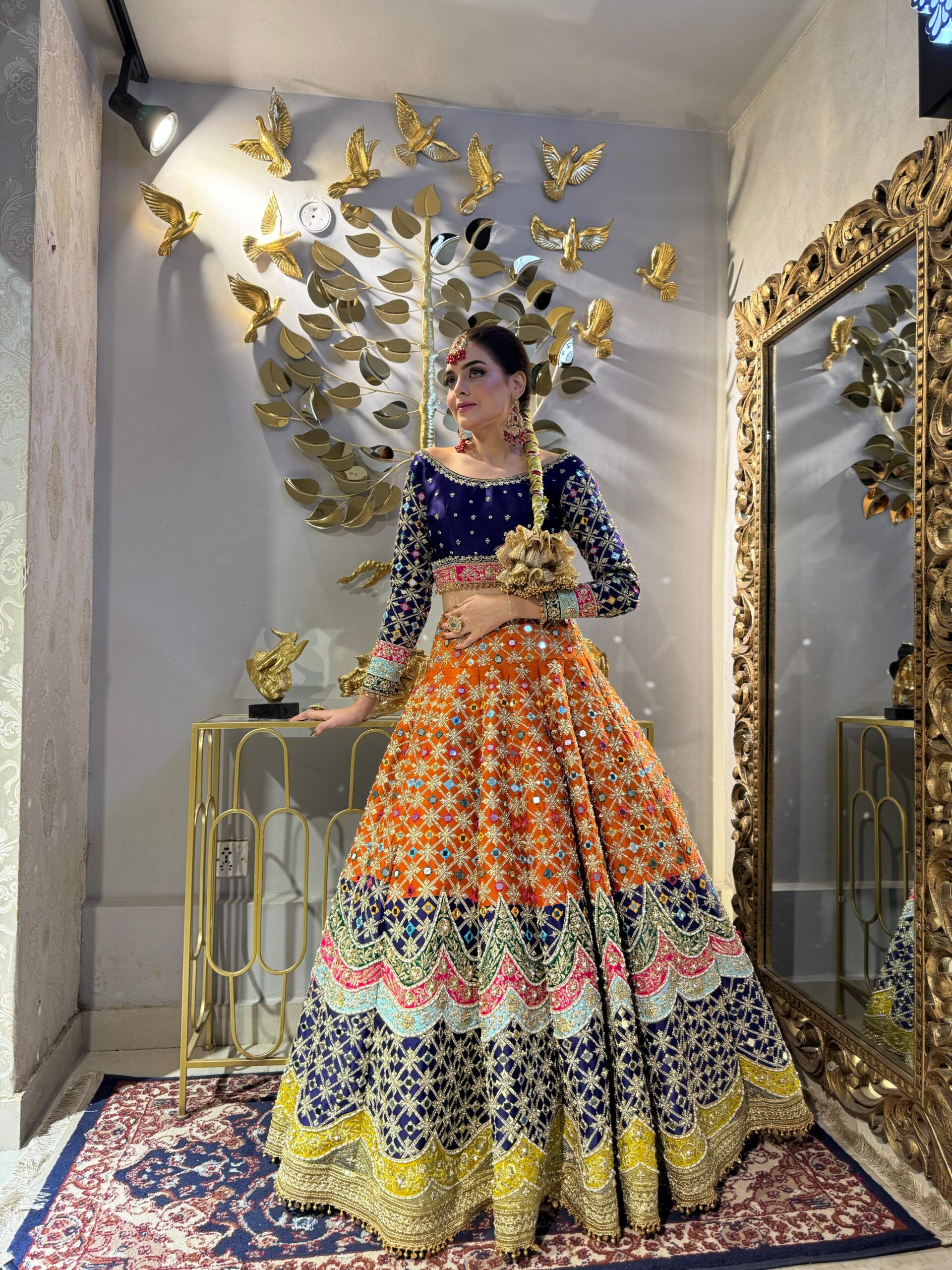 Pakistani Multicolour Mirrorwork Silk Lehenga Set (3-Piece) - Image 3