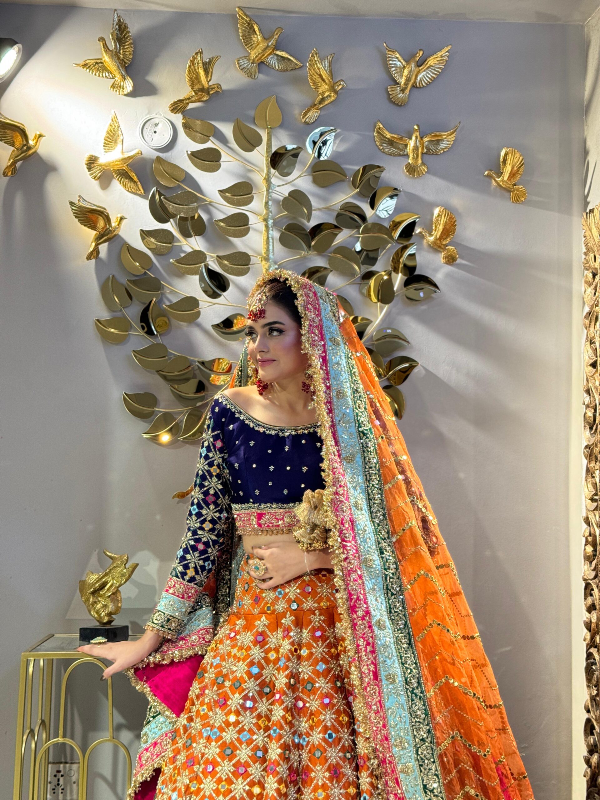 Pakistani Multicolour Mirrorwork Silk Lehenga Set (3-Piece) - Image 4