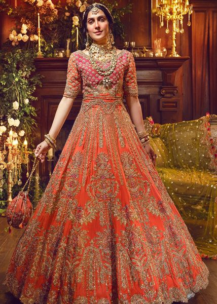 Tangerine Embroidered Silk Lehenga Choli (3-Piece) - Image 2