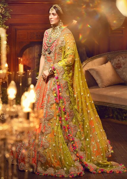 Tangerine Embroidered Silk Lehenga Choli (3-Piece) - Image 3