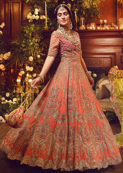 Tangerine Embroidered Silk Lehenga Choli (3-Piece) - Image 4