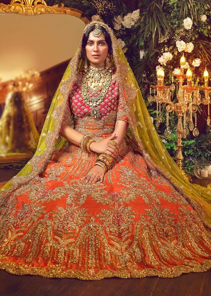 Tangerine Embroidered Silk Lehenga Choli (3-Piece) - Image 5
