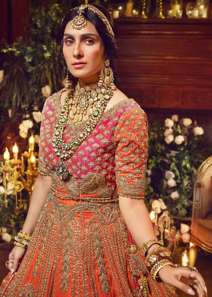 Tangerine Embroidered Silk Lehenga Choli (3-Piece) - Image 7