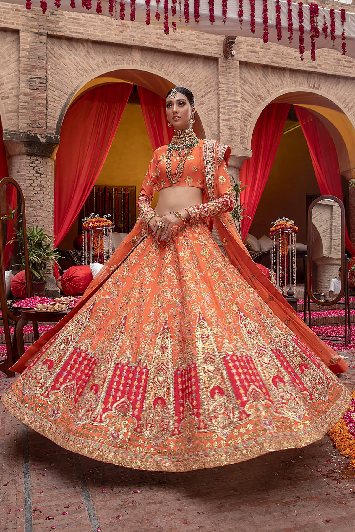 Orange Embroidered Silk & Net Bridal Lehenga (3-Piece) - Image 1