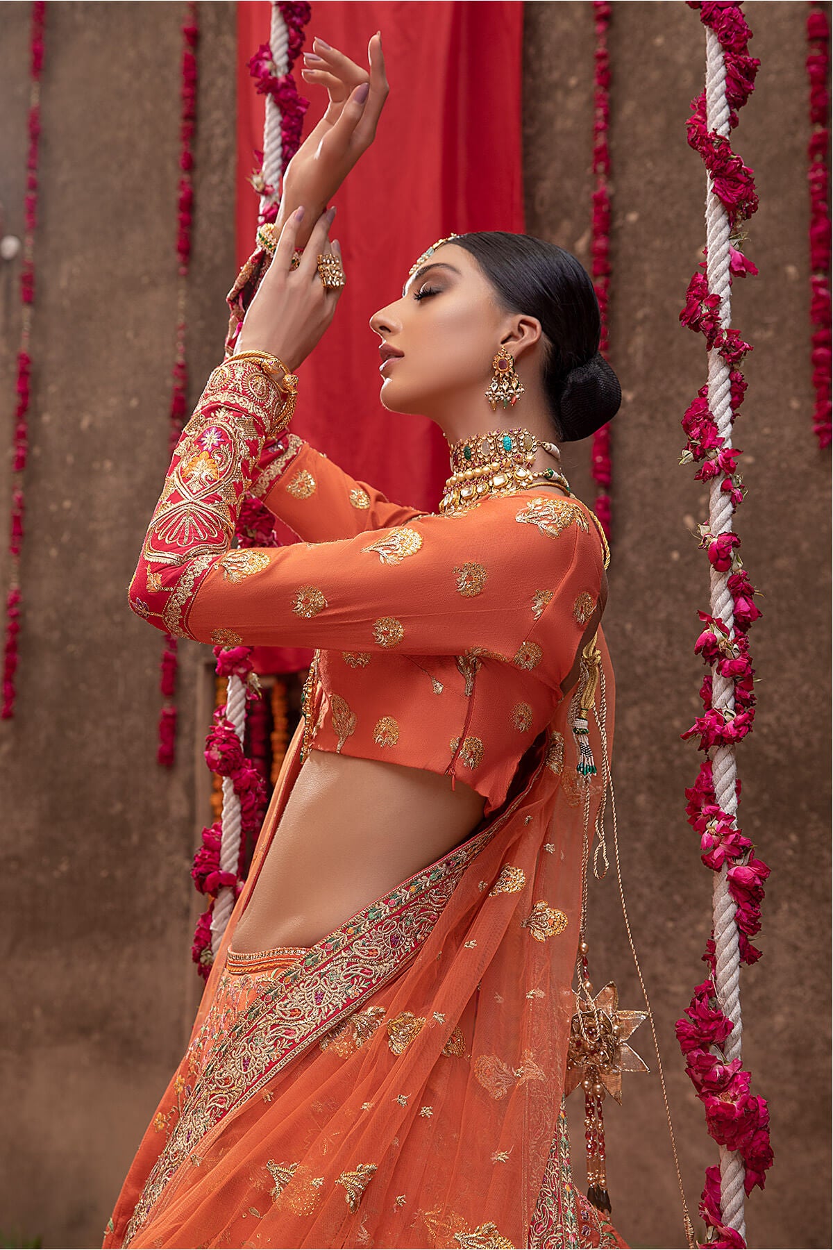Orange Embroidered Silk & Net Bridal Lehenga (3-Piece) - Image 2