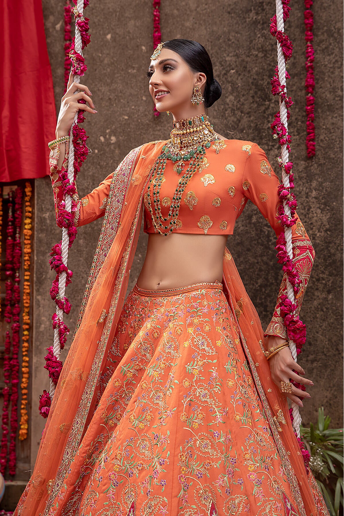 Orange Embroidered Silk & Net Bridal Lehenga (3-Piece) - Image 3