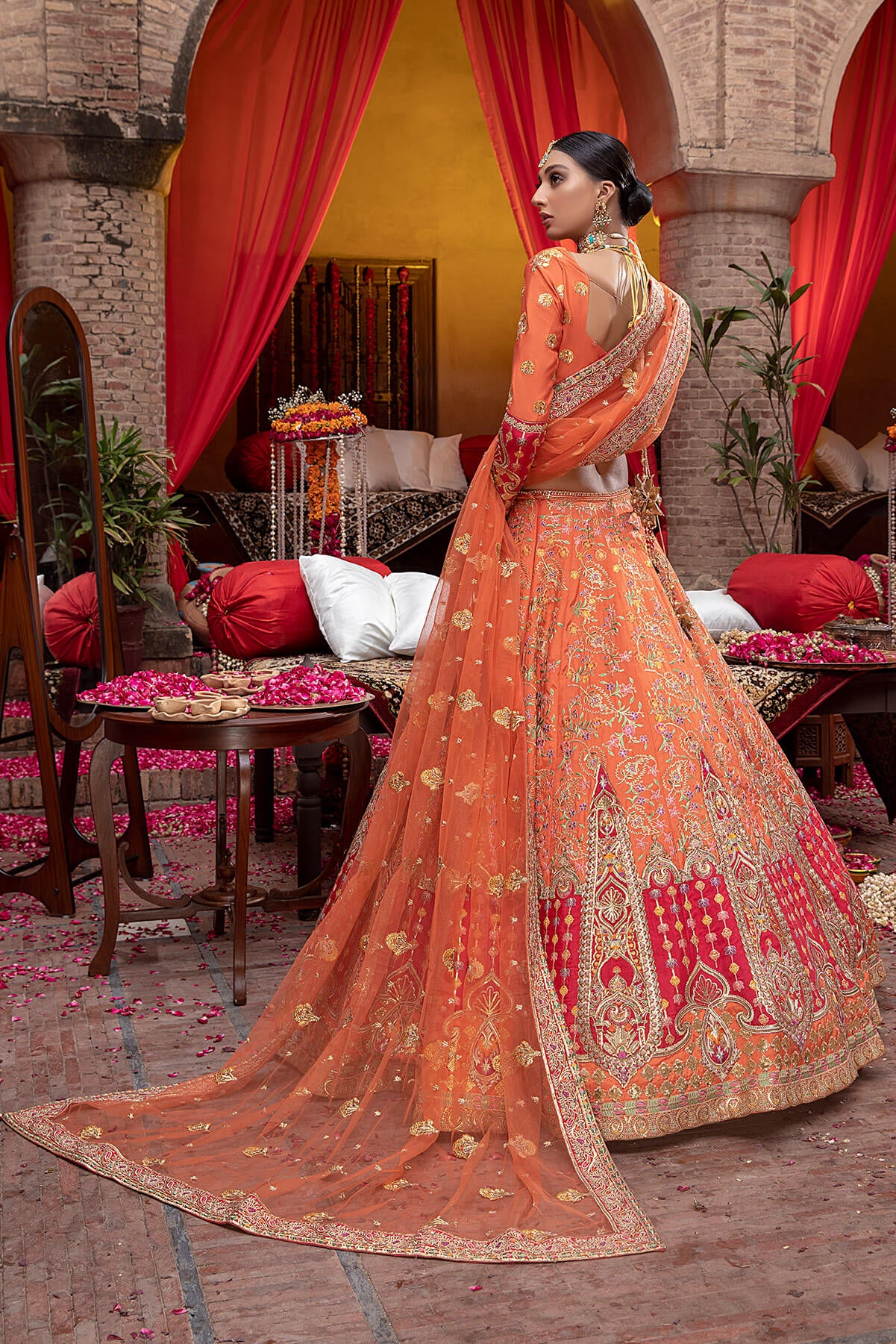 Orange Embroidered Silk & Net Bridal Lehenga (3-Piece) - Image 4