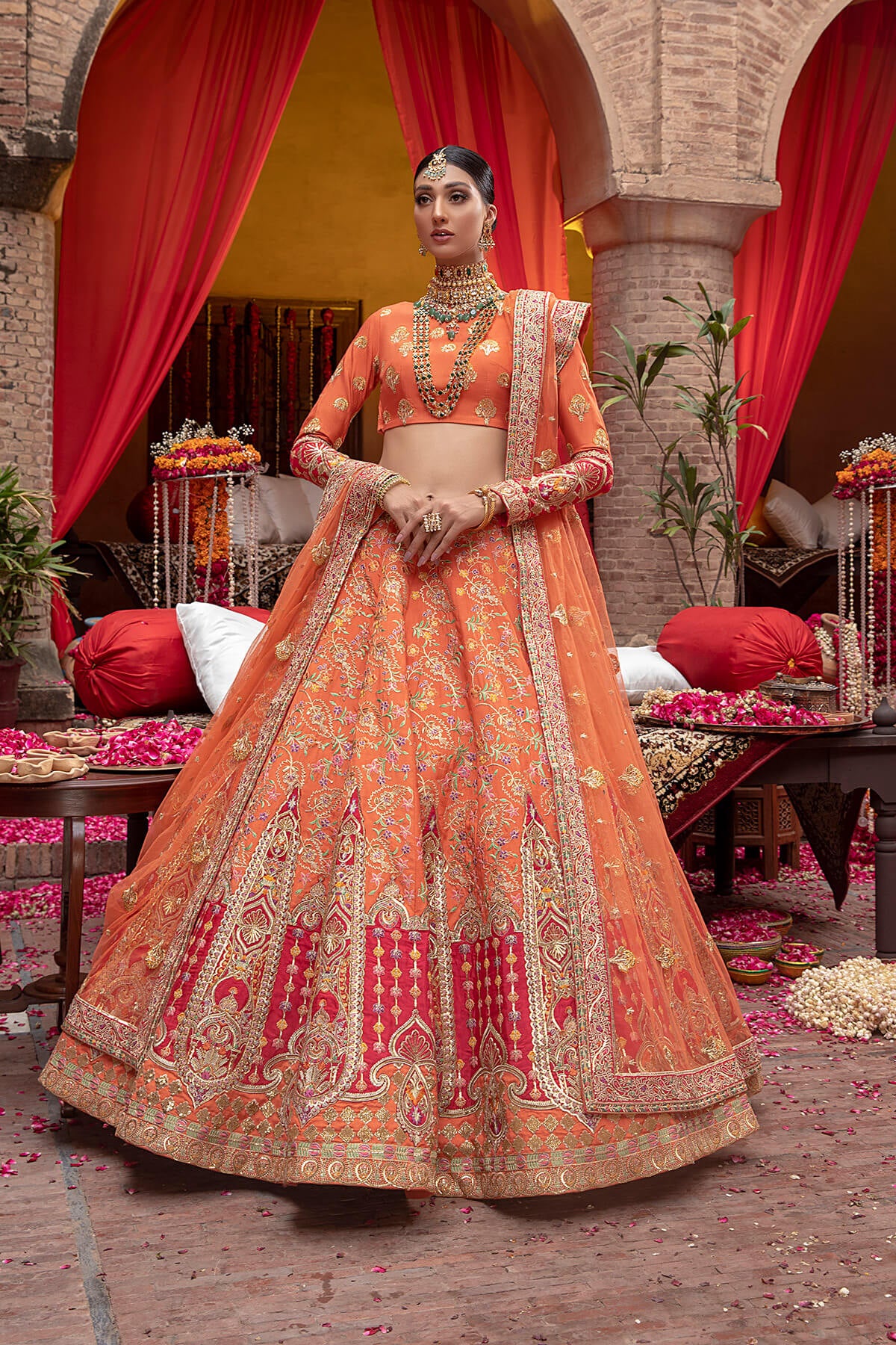 Orange Embroidered Silk & Net Bridal Lehenga (3-Piece) - Image 5