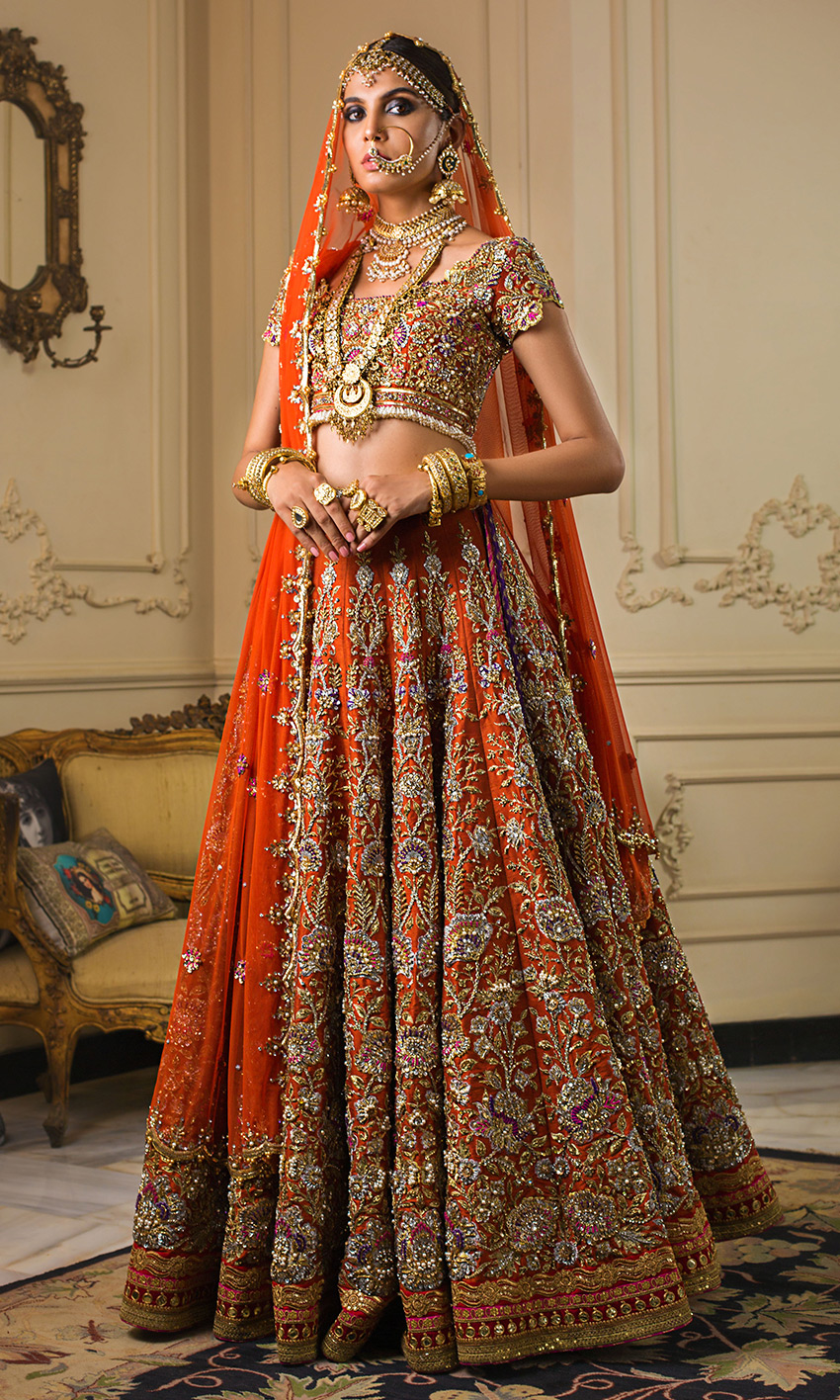 Pakistani Orange Embellished Silk Bridal Lehenga (3-Piece) - Image 1
