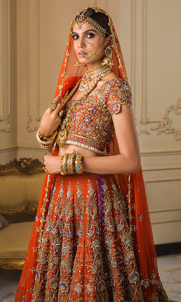 Pakistani Orange Embellished Silk Bridal Lehenga (3-Piece) - Image 3