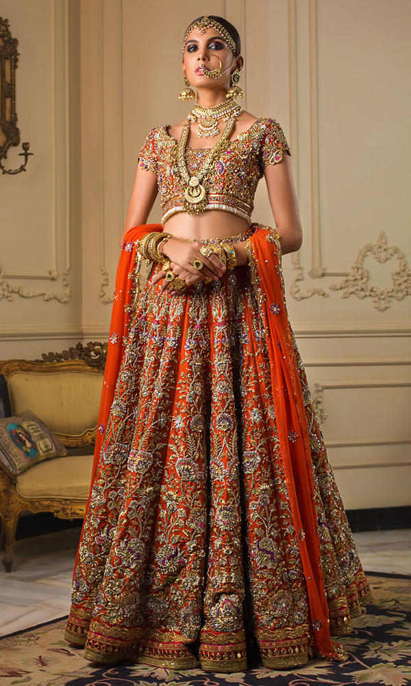 Pakistani Orange Embellished Silk Bridal Lehenga (3-Piece) - Image 4