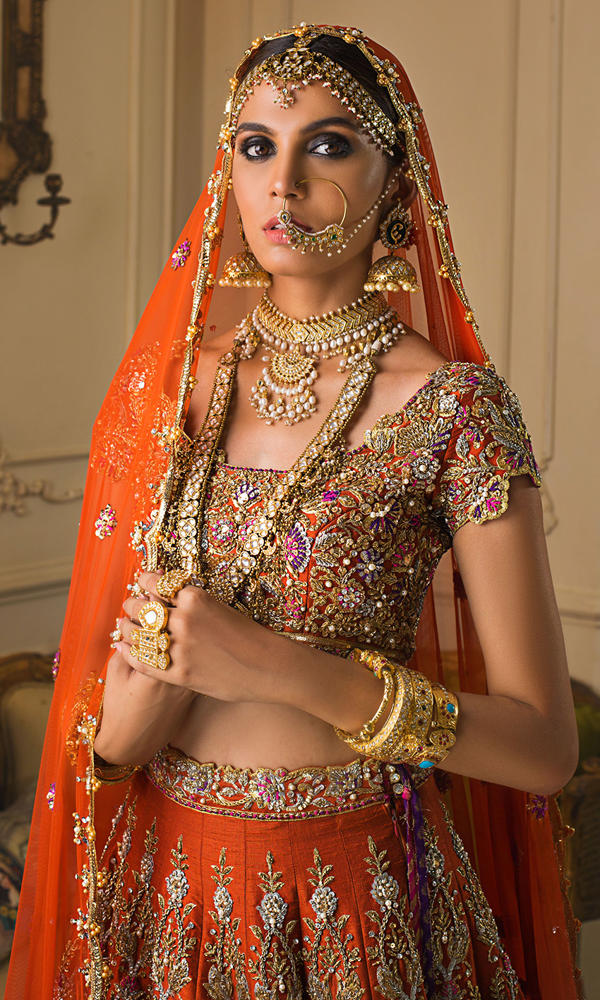 Pakistani Orange Embellished Silk Bridal Lehenga (3-Piece) - Image 5