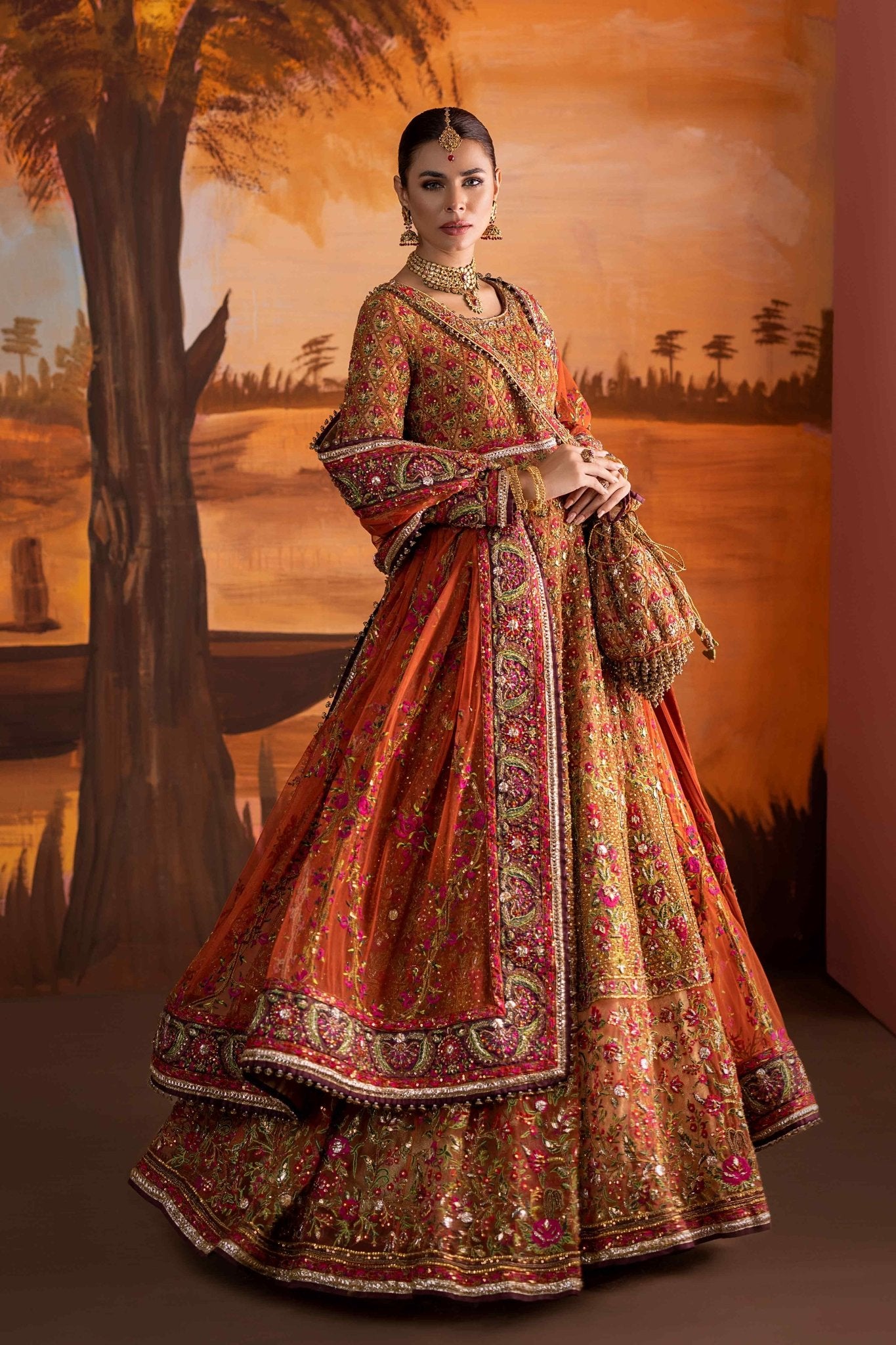Rust Orange Zardozi & Gota Silk Lehenga (3-Piece) - Image 10