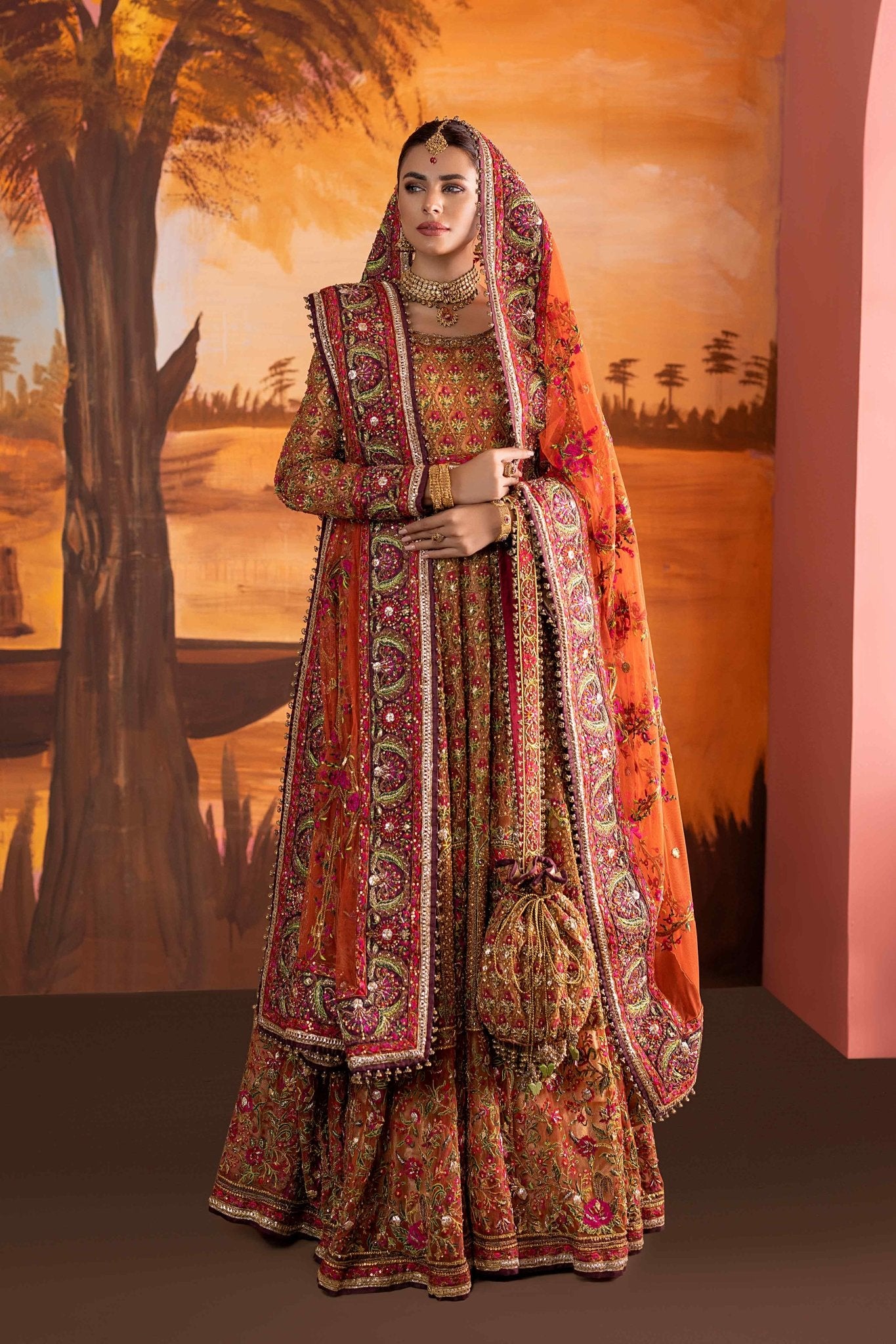 Rust Orange Zardozi & Gota Silk Lehenga (3-Piece) - Image 2