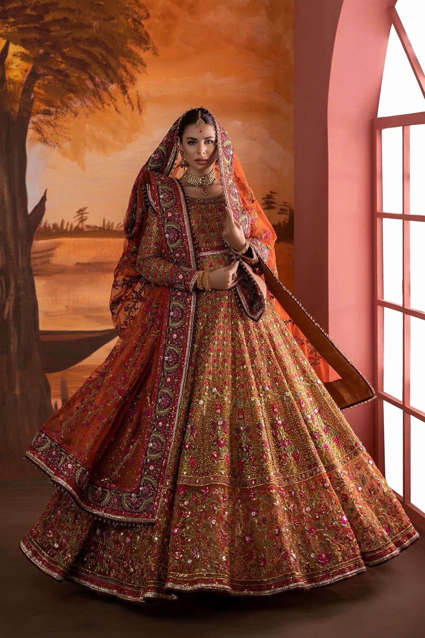 Rust Orange Zardozi & Gota Silk Lehenga (3-Piece) - Image 4