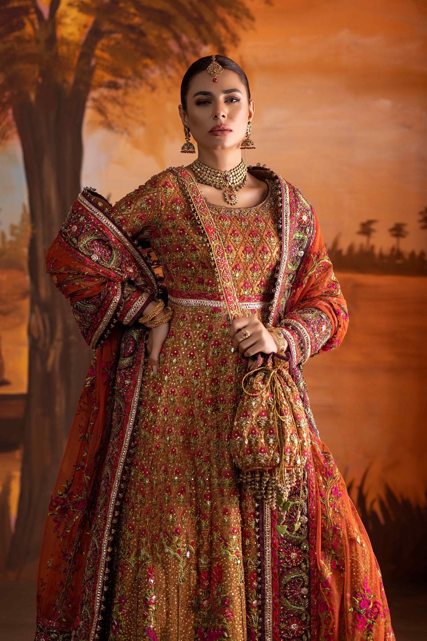 Rust Orange Zardozi & Gota Silk Lehenga (3-Piece) - Image 9