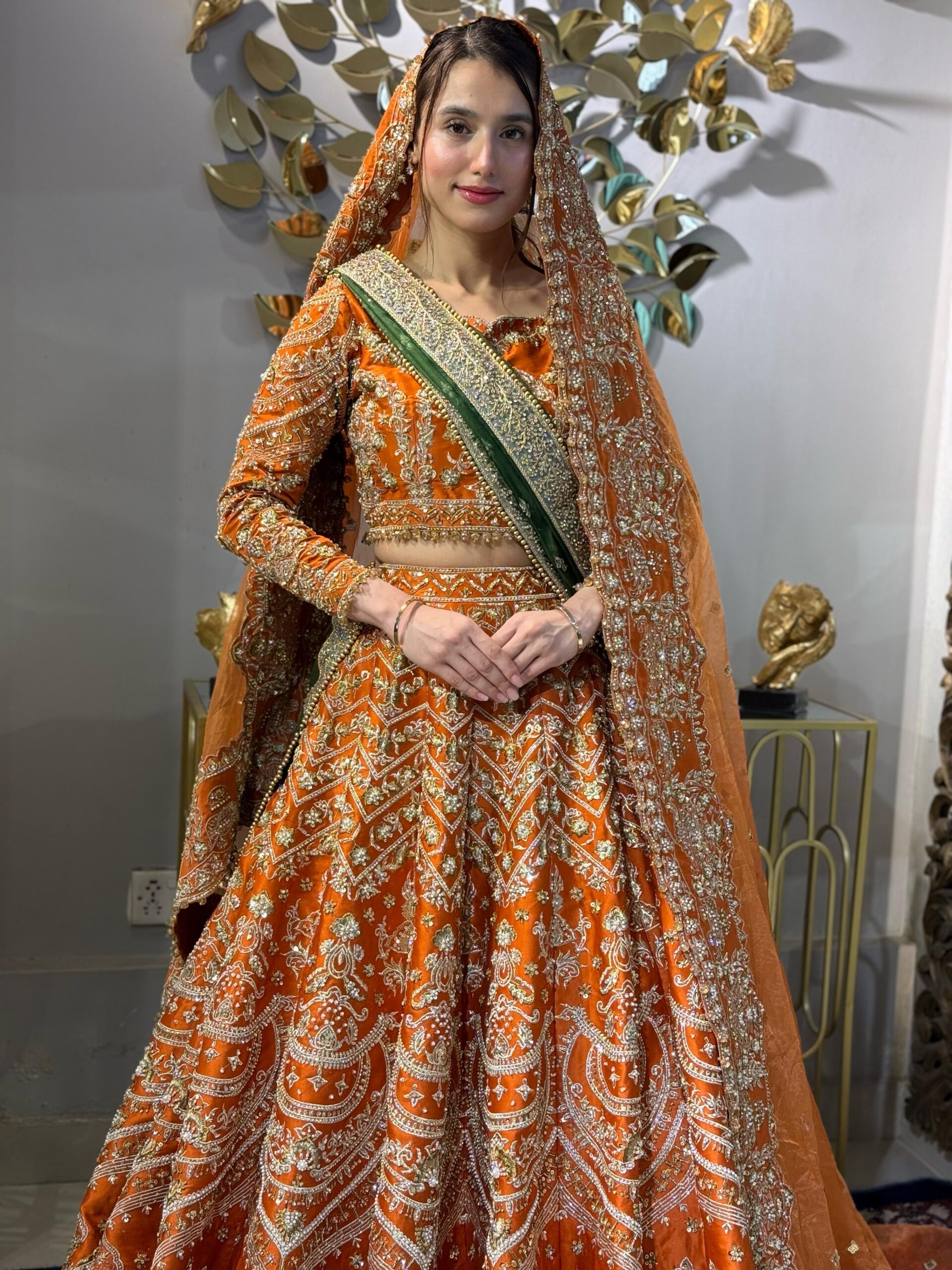 Pakistani Rust Orange Embellished Silk Bridal Choli Lehenga (3-Piece) - Image 1