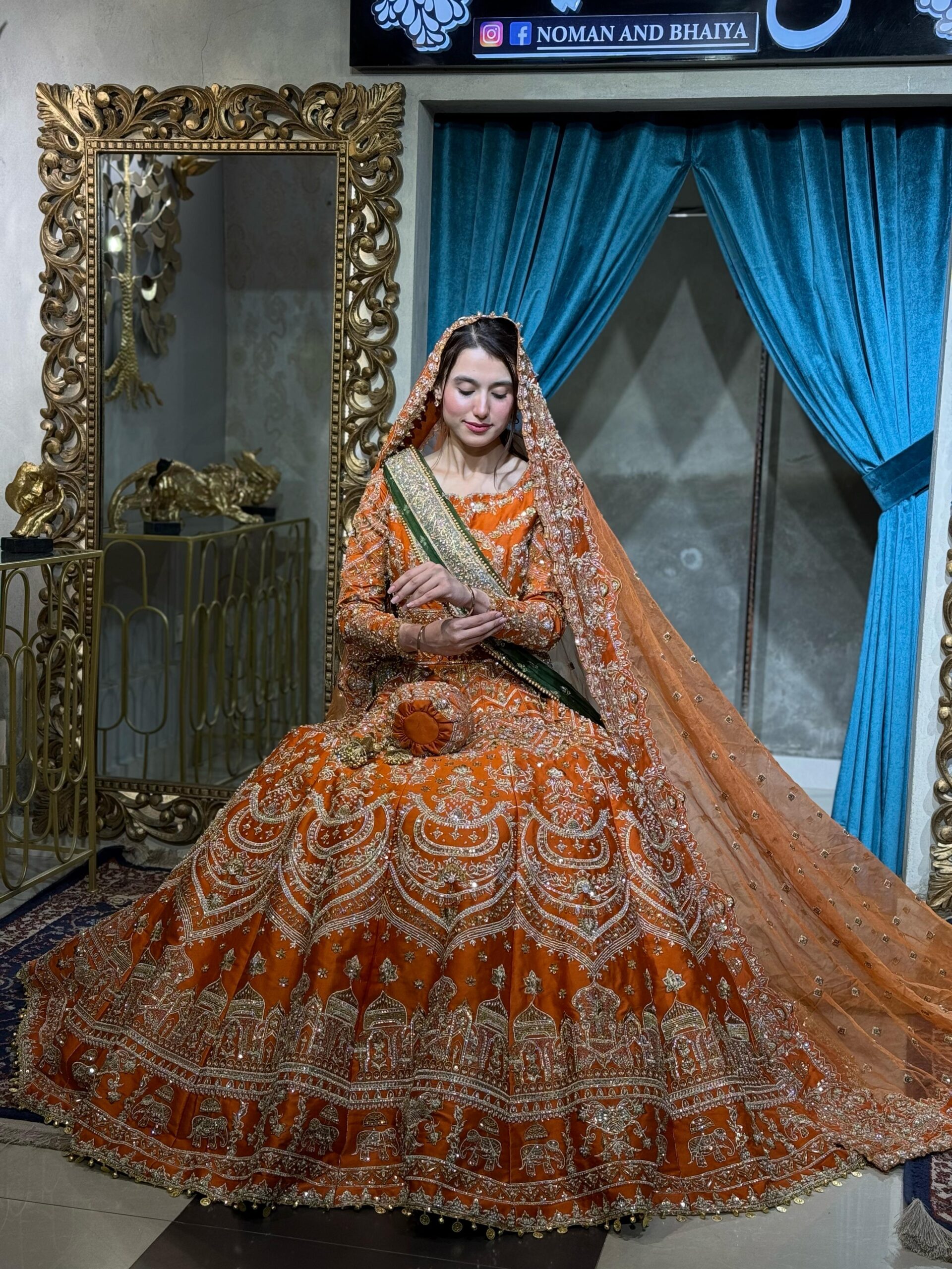 Pakistani Rust Orange Embellished Silk Bridal Choli Lehenga (3-Piece) - Image 2