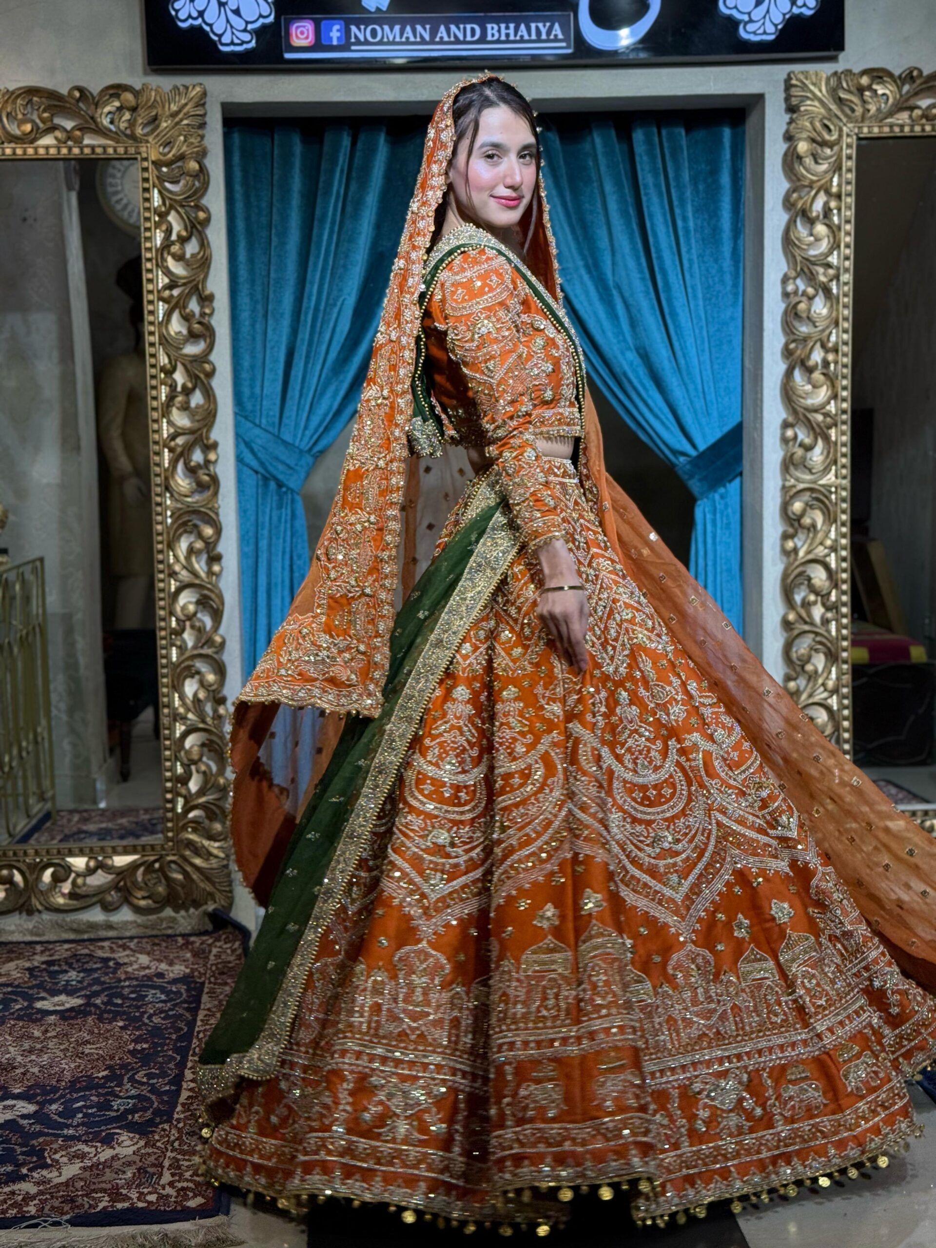 Pakistani Rust Orange Embellished Silk Bridal Choli Lehenga (3-Piece) - Image 3